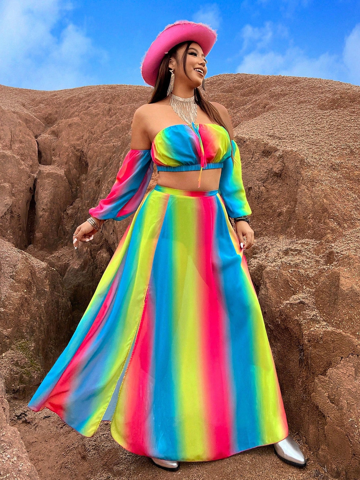 Plus Size Ombre Off Shoulder Cropped Top With High Slit Skirt Set