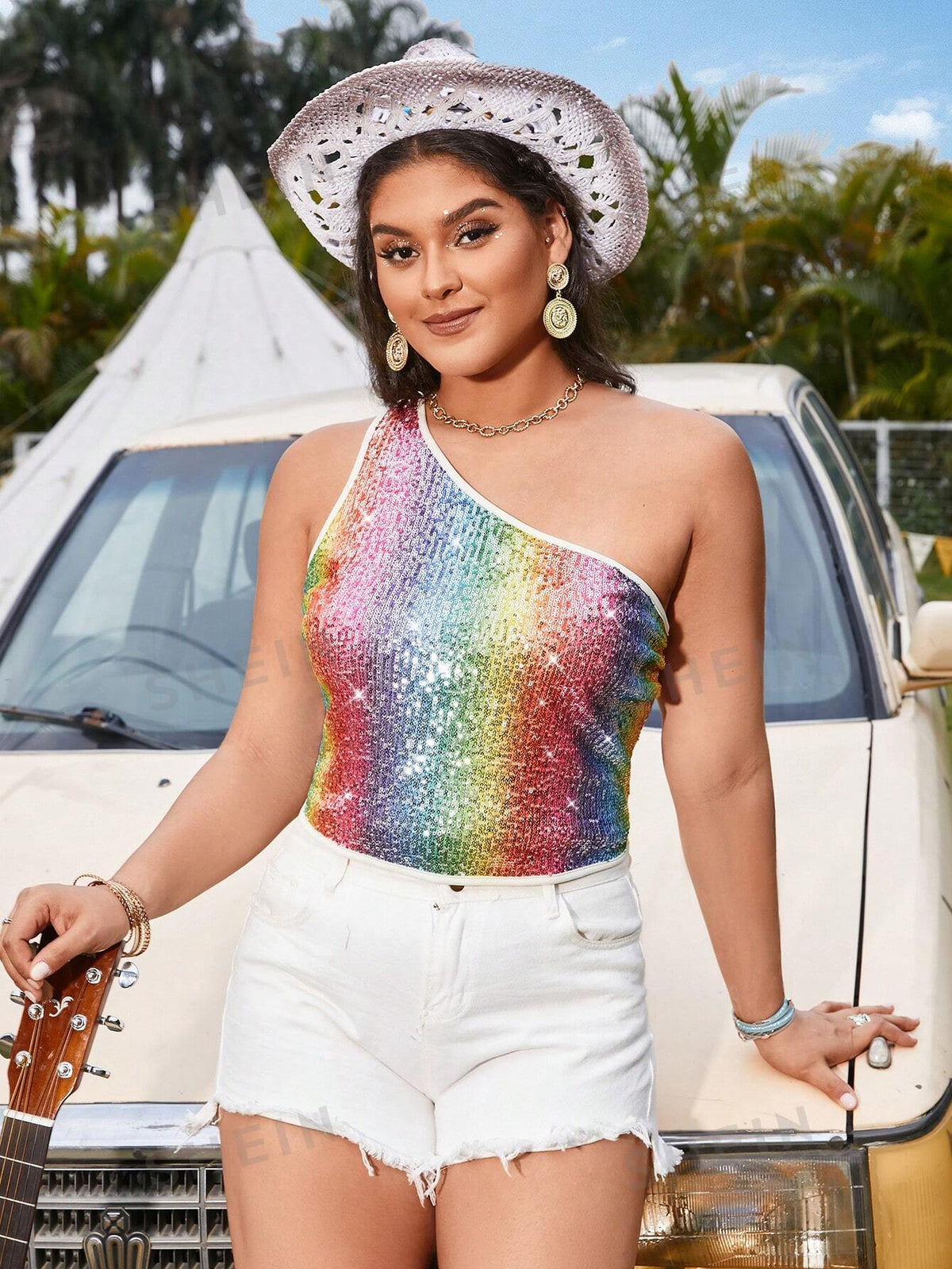 VCAY Plus Size Sequins Beaded One Shoulder Top, Perfect For Summer Holiday And Music Festival