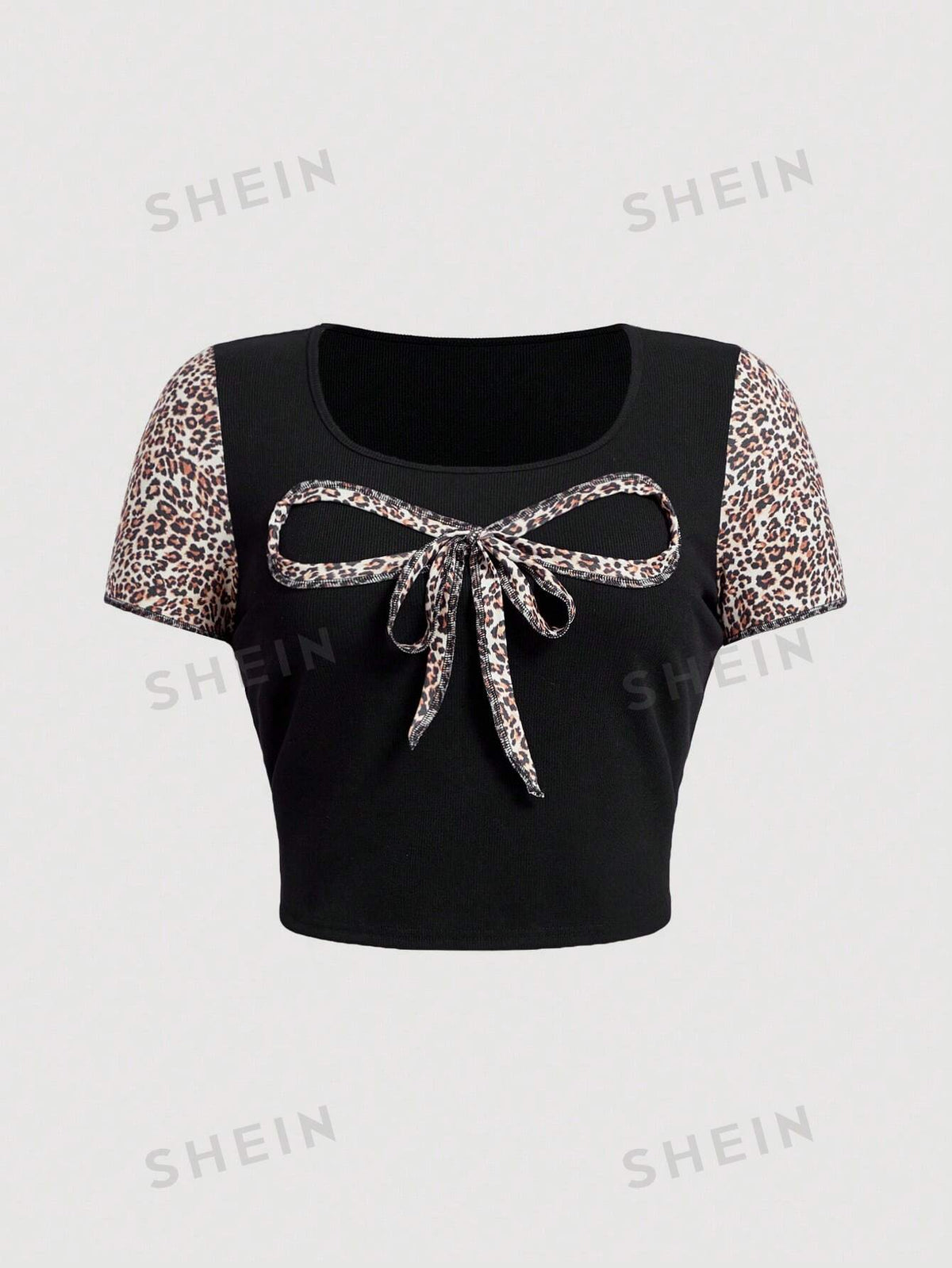 Qutie Plus Size Leopard Splice 3d Bow Decorated Short Cropped T-Shirt