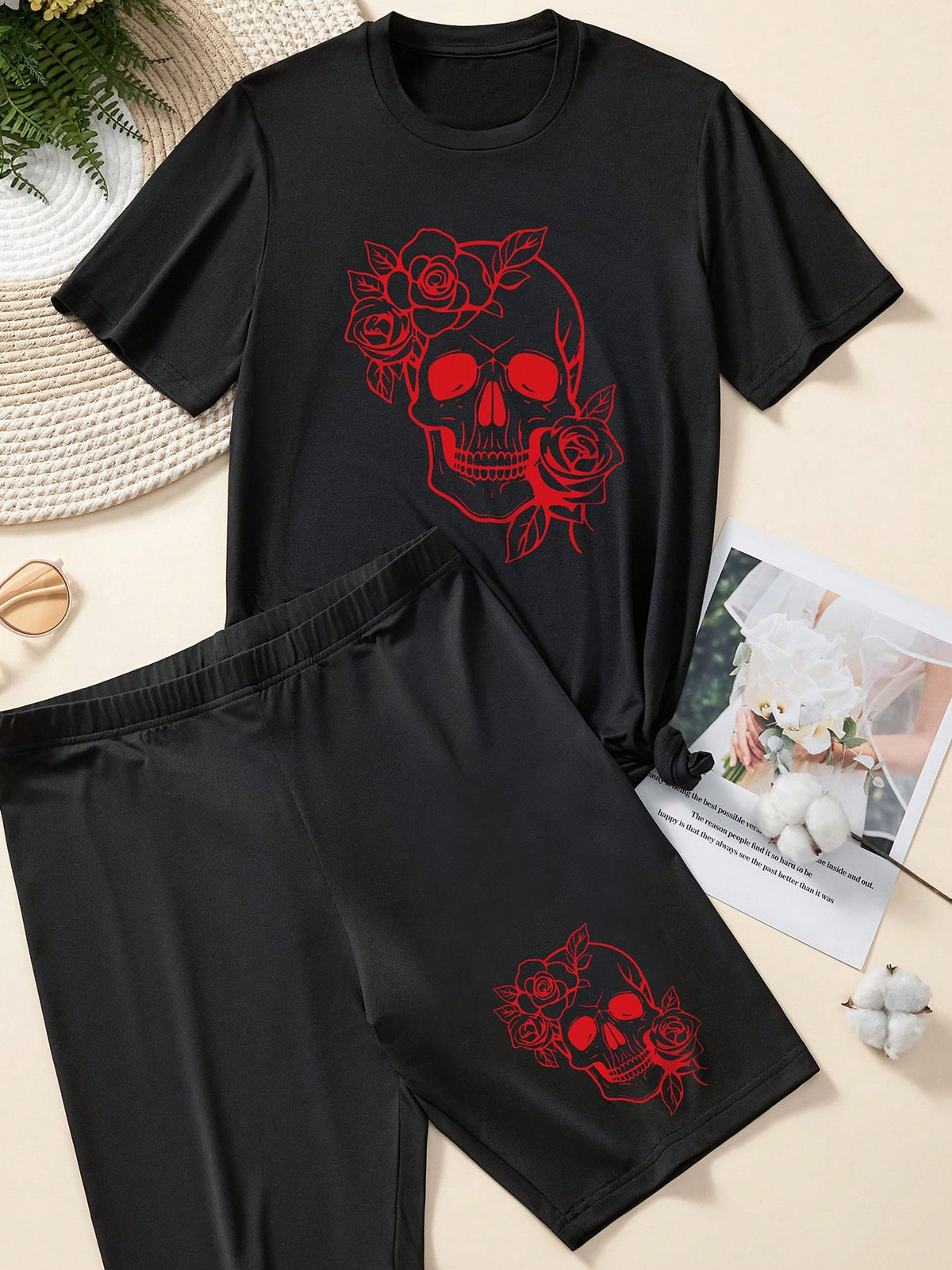 Essnce Plus Size Ladies' Skull & Floral Print Short Sleeve T-Shirt And Shorts Set