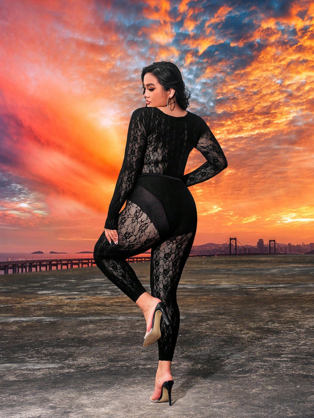 Plus Size Women's Sexy Rave Party Music Festival Round Neck Fishnet Seamless High Elastic Lace Hollow Out Long Sleeve Jumpsuit And Pants Set