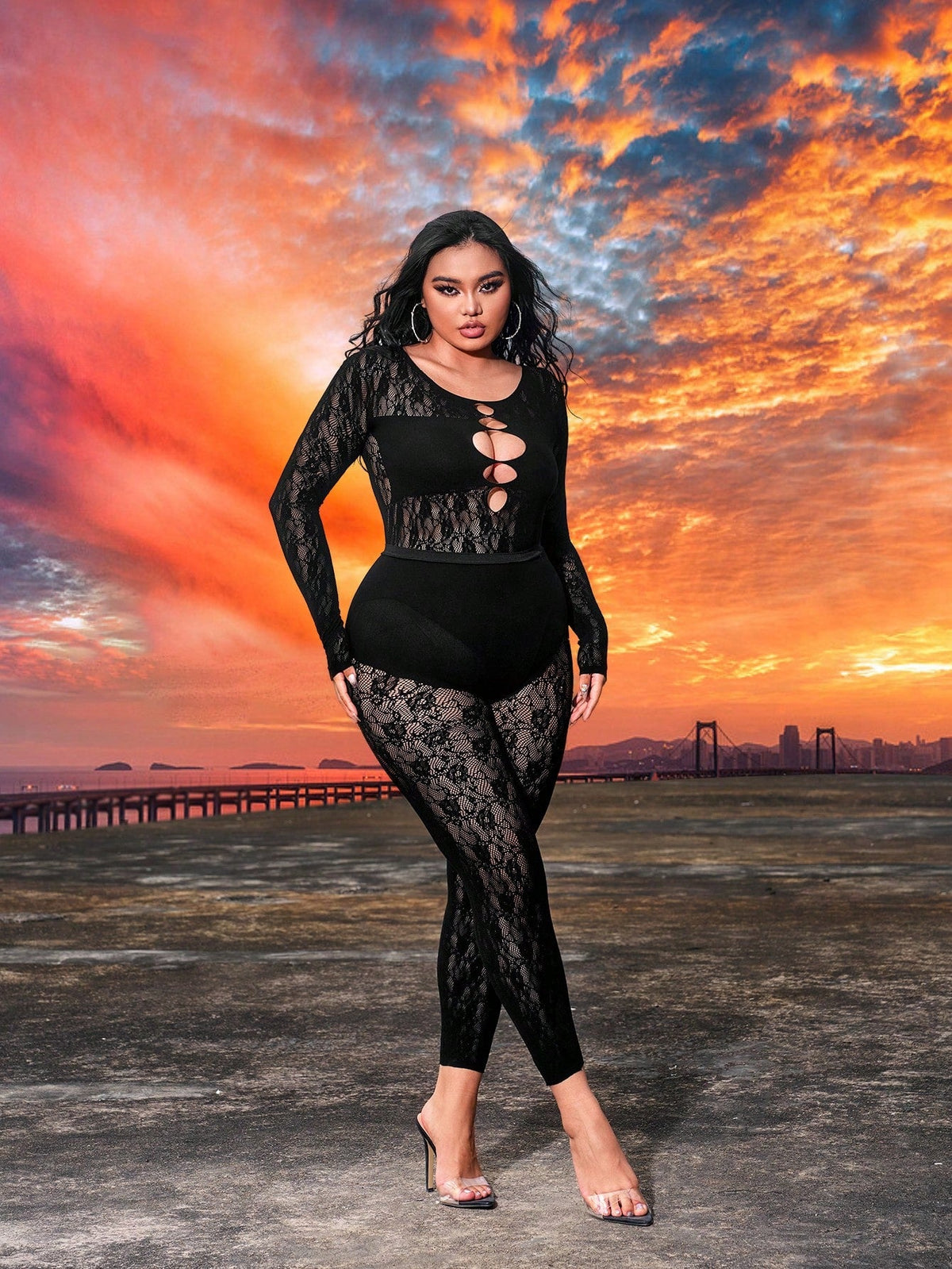 Plus Size Women's Sexy Rave Party Music Festival Round Neck Fishnet Seamless High Elastic Lace Hollow Out Long Sleeve Jumpsuit And Pants Set