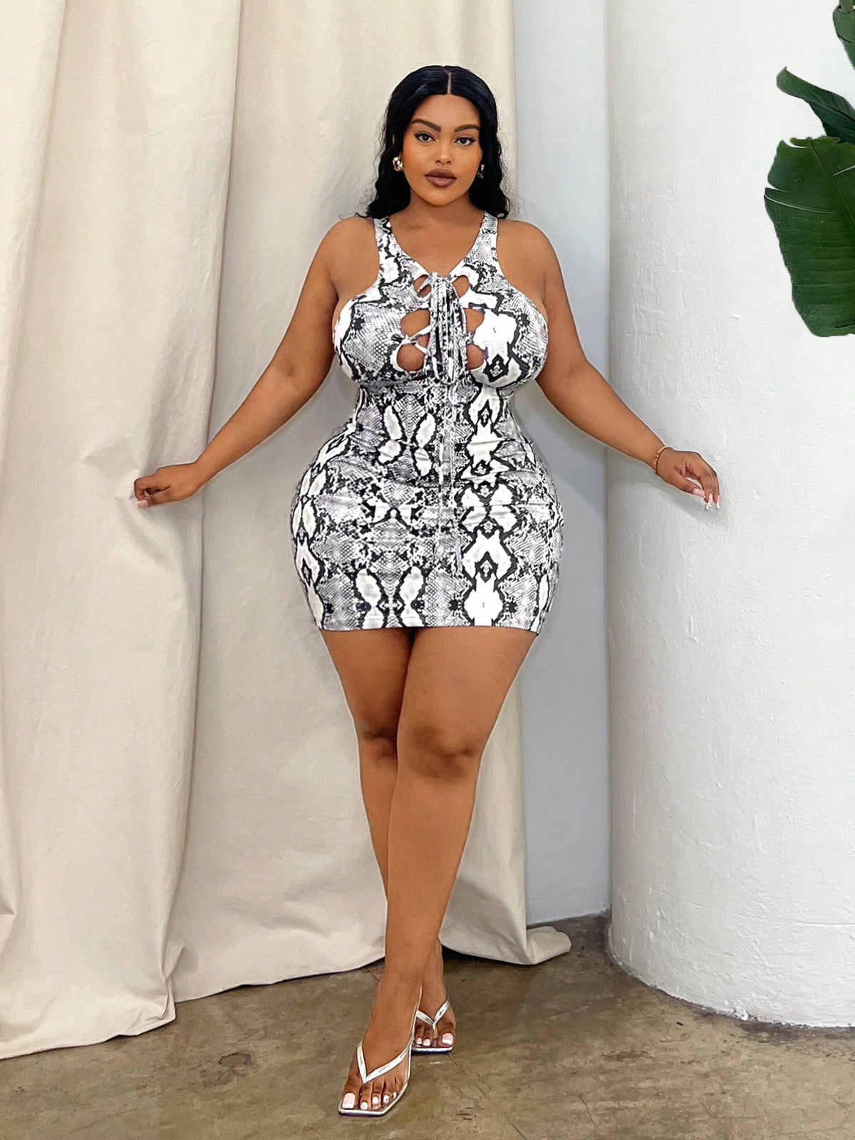 SXY Plus Size Snake Print Hollow Out Lace-Up Butt Lifting Sexy Sleeveless Bodycon Dress