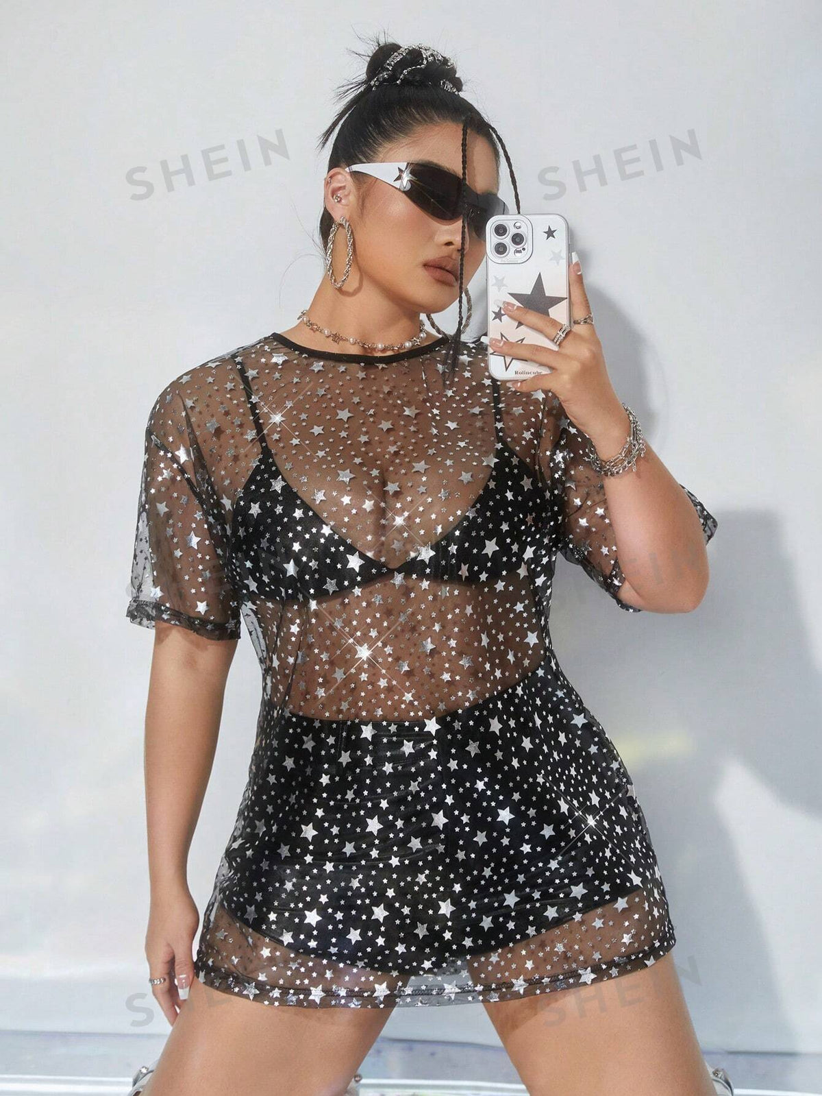 ICON Summer Plus Size Loose Short Sleeve Perspective Black Dress For Music Festival & Party Outfits With Silver-Star Foil Print