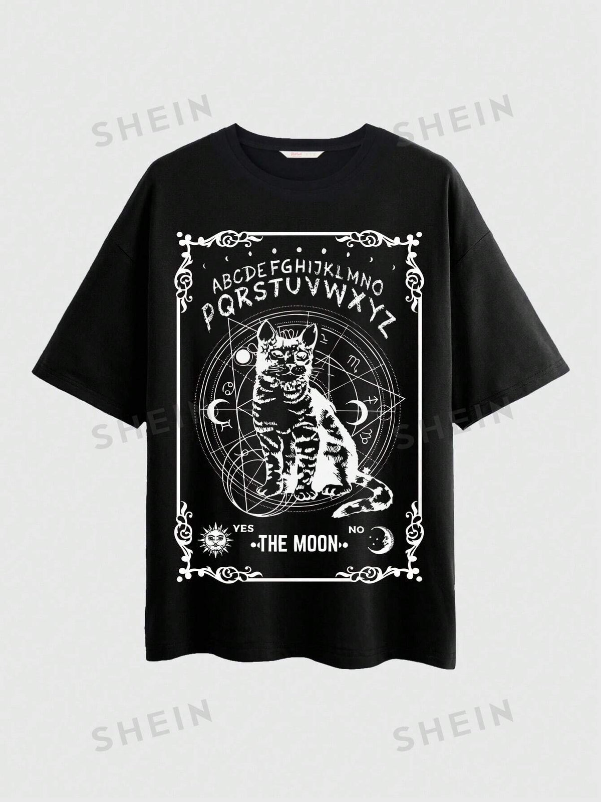 ROMWE Goth Women's Dark Gothic Top Loose Plus Size T-Shirt With Mysterious Black Cat & Card Print