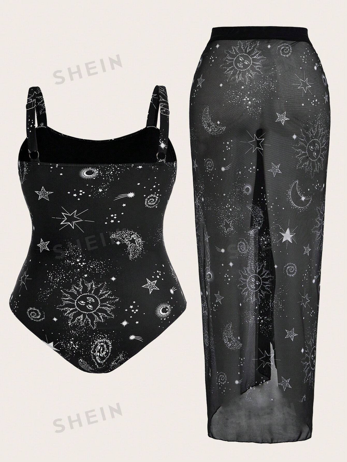 Plus Size Star & Moon Pattern One Piece Swimsuit with Cover-Up Skirt - Summer Beachwear