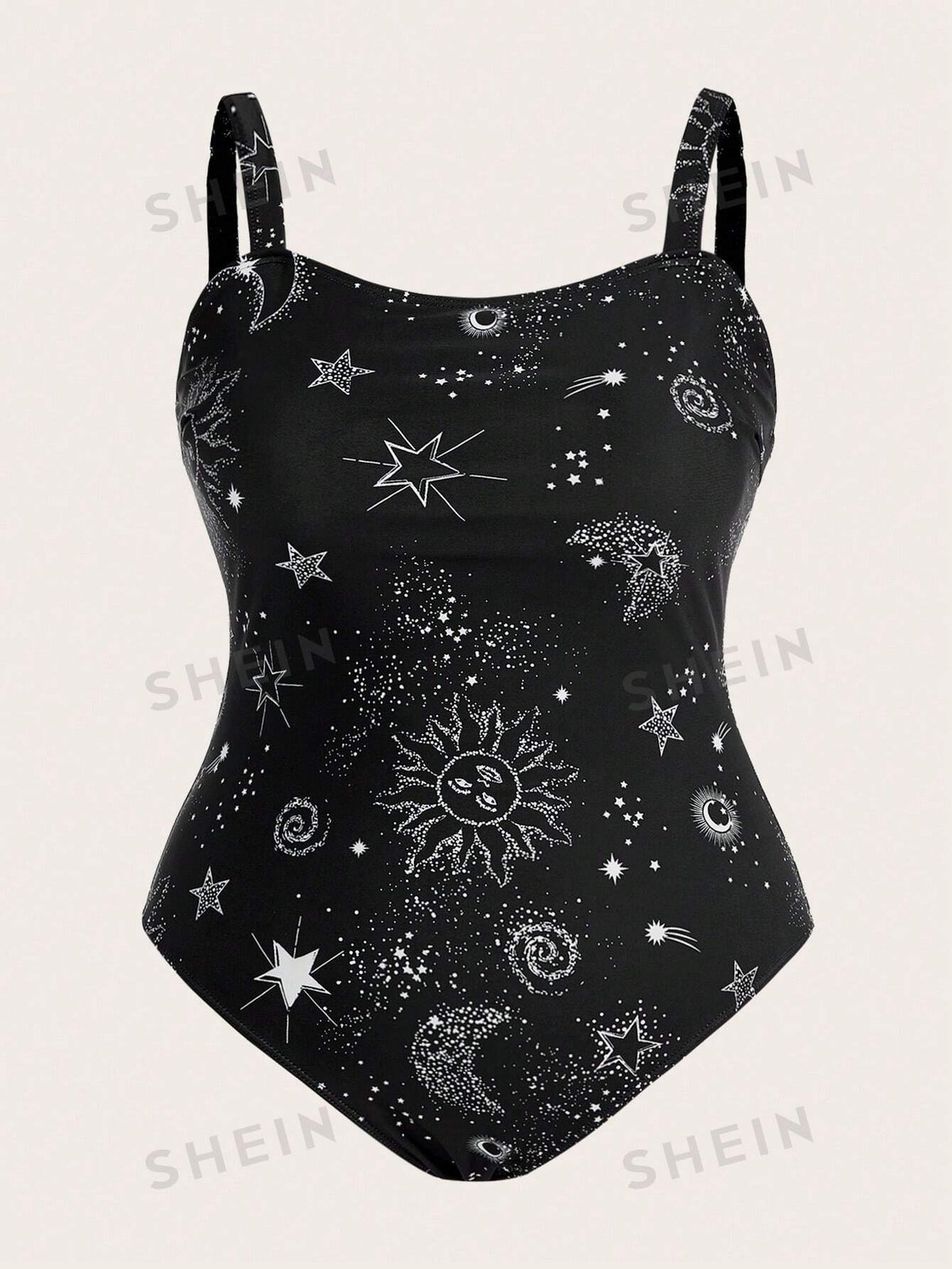 Plus Size Star & Moon Pattern One Piece Swimsuit with Cover-Up Skirt - Summer Beachwear