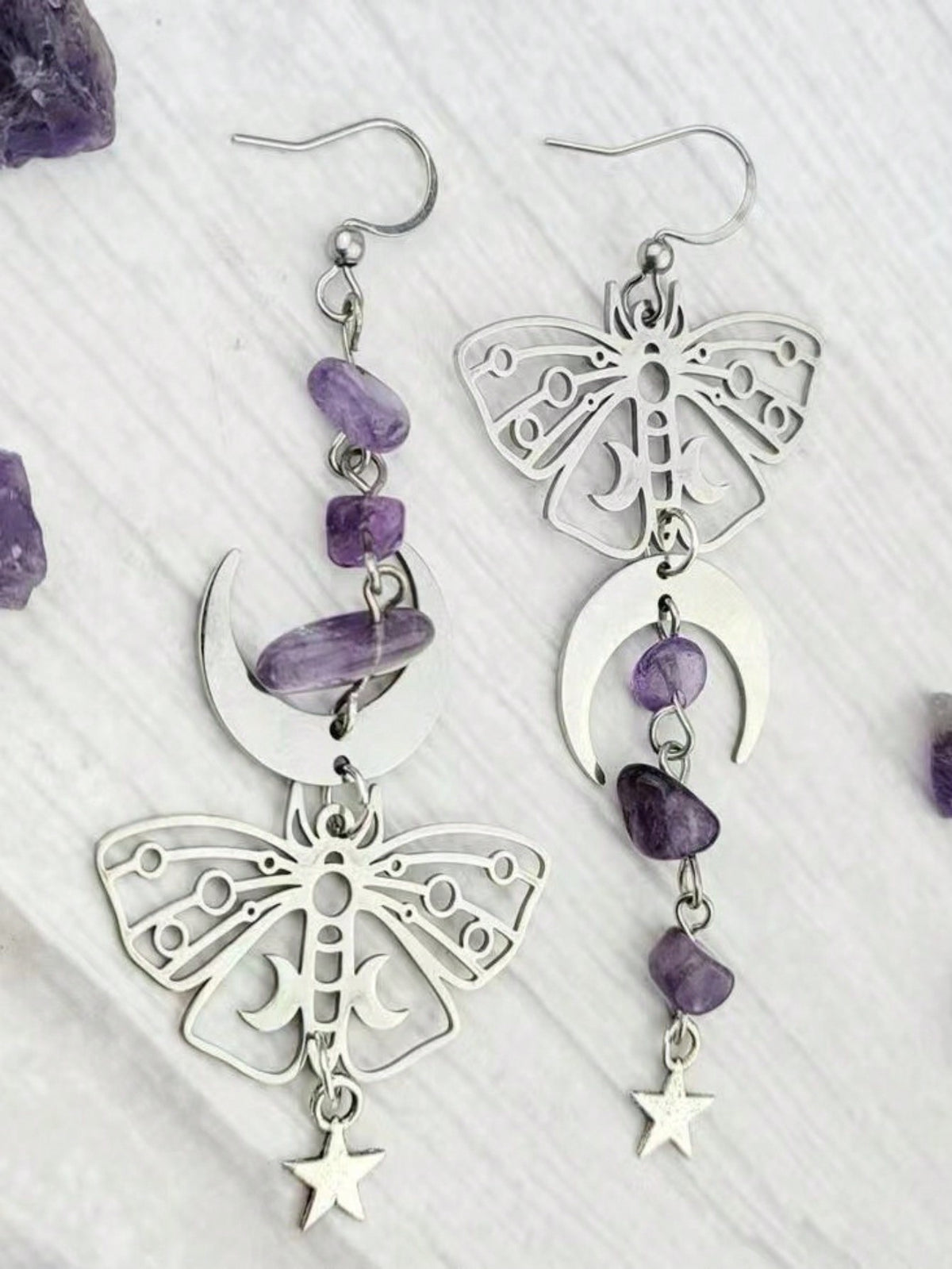 ROMWE Fairycore 1pair Asymmetrical Crescent Moon Star Shaped Purple Crystal Stone Dangle Earrings