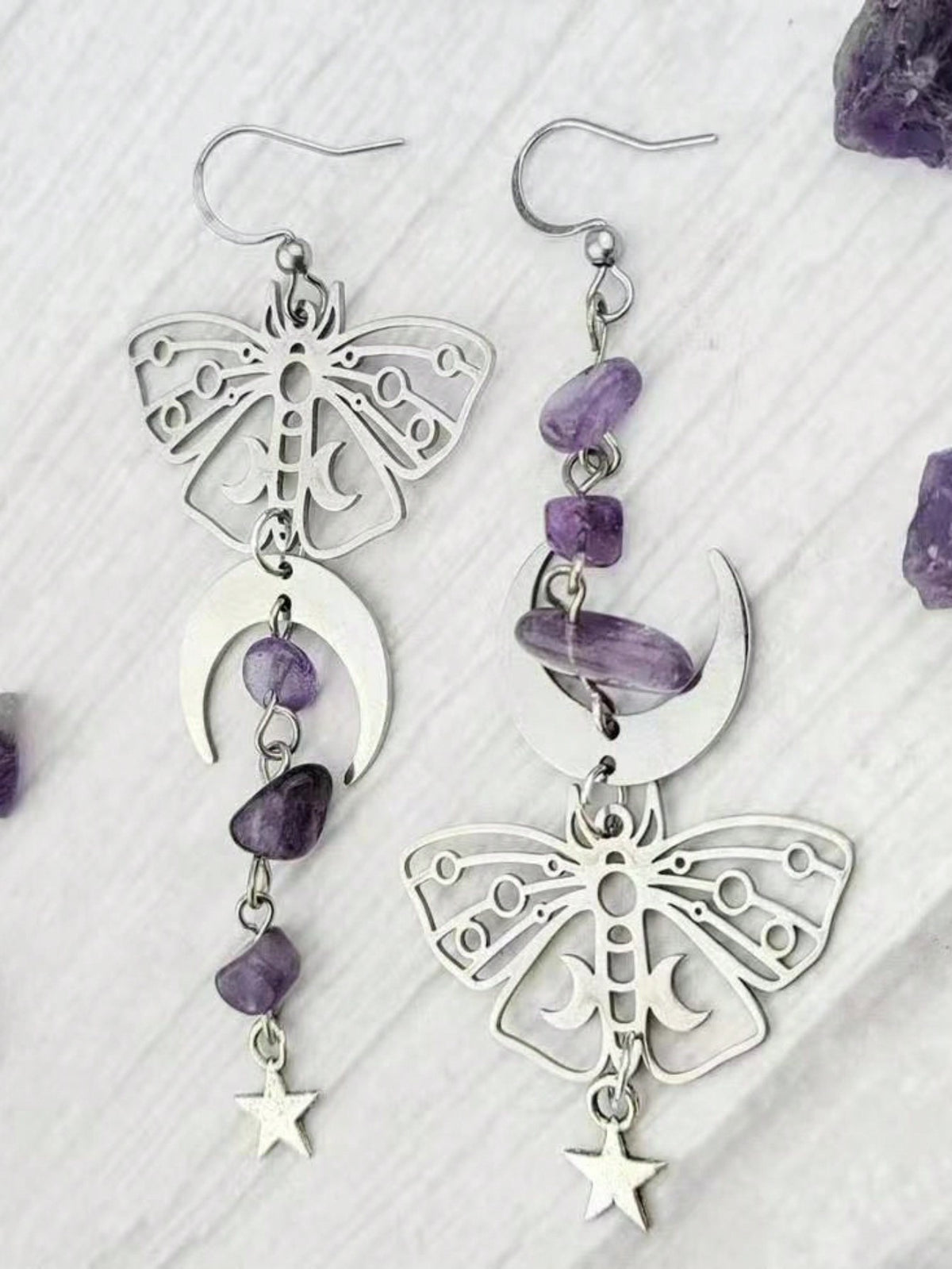 ROMWE Fairycore 1pair Asymmetrical Crescent Moon Star Shaped Purple Crystal Stone Dangle Earrings