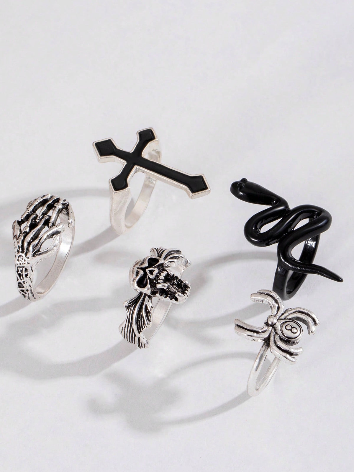 ROMWE Goth 5pcs/Set Vintage Alloy Cross, Snake, And Skull Design Dripping Oil Ring Set For Women As Party Gifts (Artificial Oil Dripping Colors May Vary Slightly Between Batches)