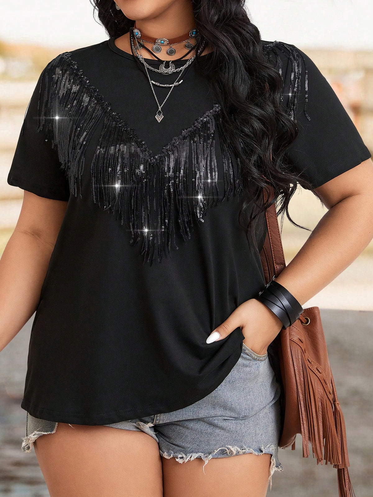 LUNE Plus Size Music Festival Party Western Casual Fashion T-Shirt With Fringe, Sequins, Casual Vacation T-Shirt