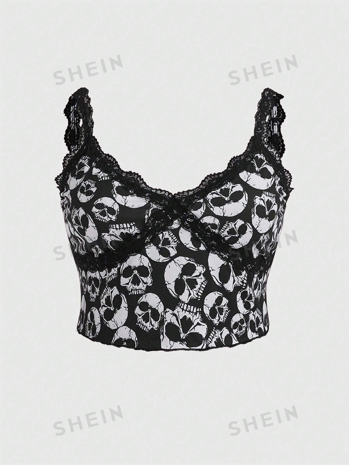 ROMWE Grunge Punk Plus Skull Print Lace Trim Cami Top