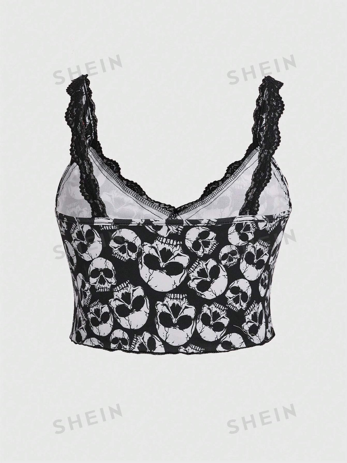 ROMWE Grunge Punk Plus Skull Print Lace Trim Cami Top