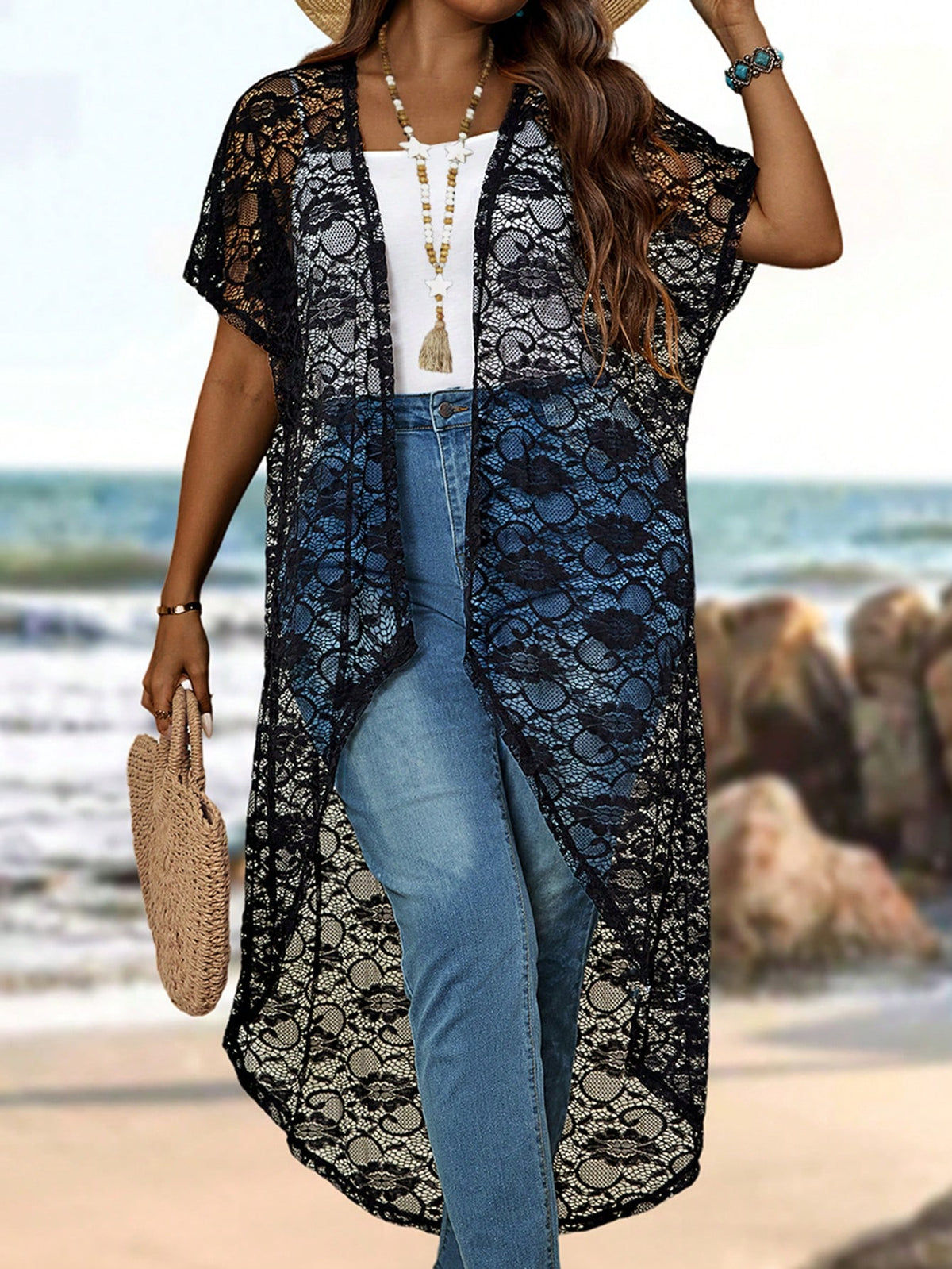 EMERY ROSE Plus Size Women's Black Lace Short Sleeve Front Open Jacket For Summer