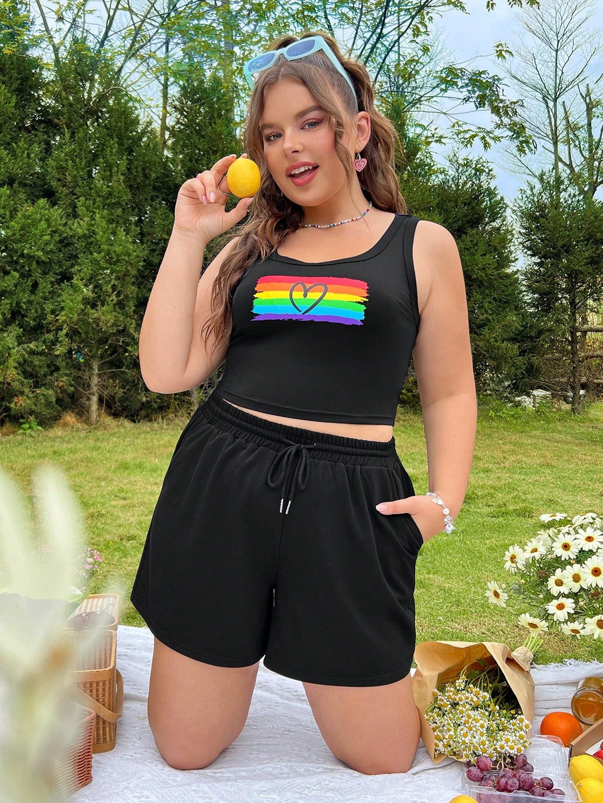 Plus Size Women's Rainbow Heart Printed Tank Top And Shorts Set