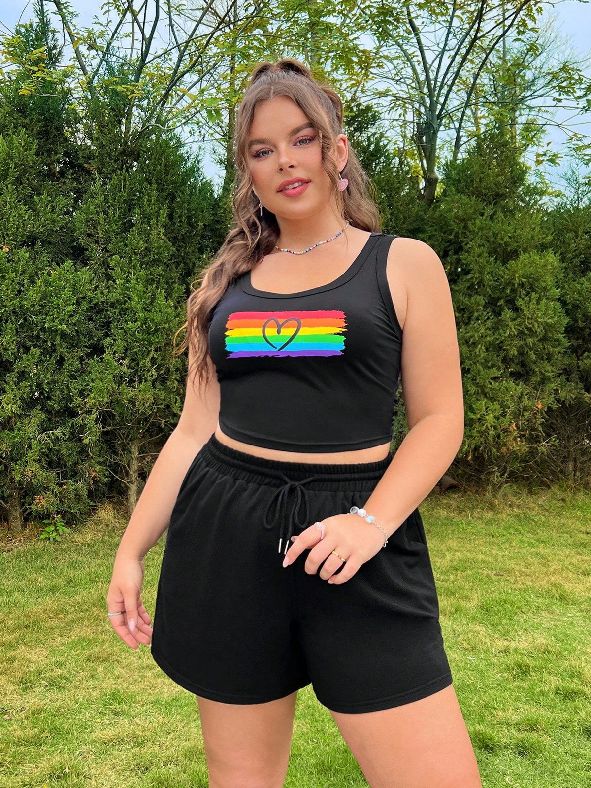 Plus Size Women's Rainbow Heart Printed Tank Top And Shorts Set