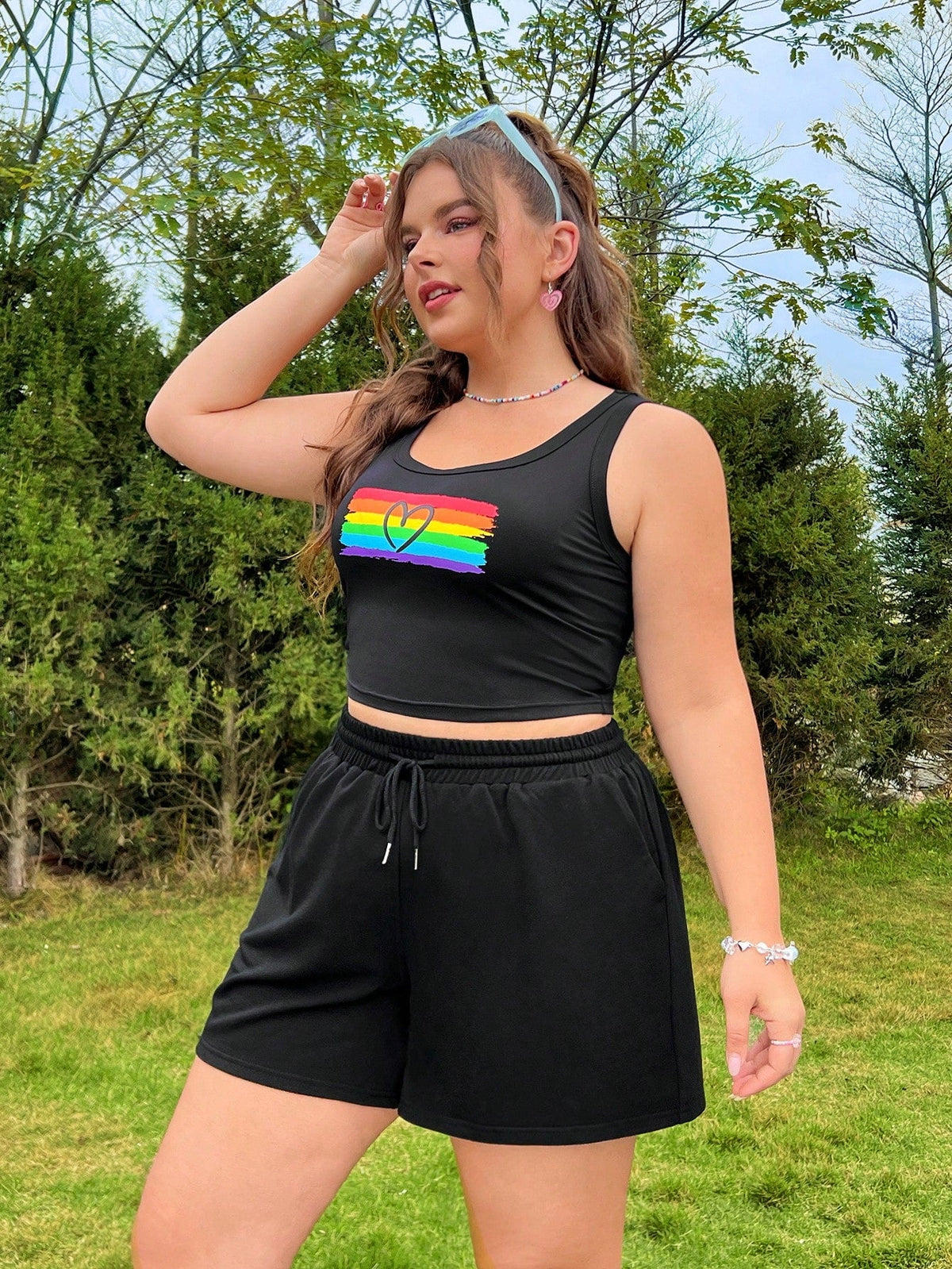 Plus Size Women's Rainbow Heart Printed Tank Top And Shorts Set