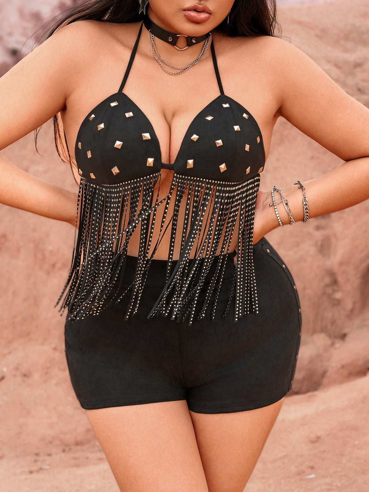 Plus Size Bikini Top With Rivet Tassel Ties And Stud Trim, High Waist Faux Suede Shorts With Studs Concert Outfits Music Festival Spring/Summer Vacation Easy To Match 2pcs Set