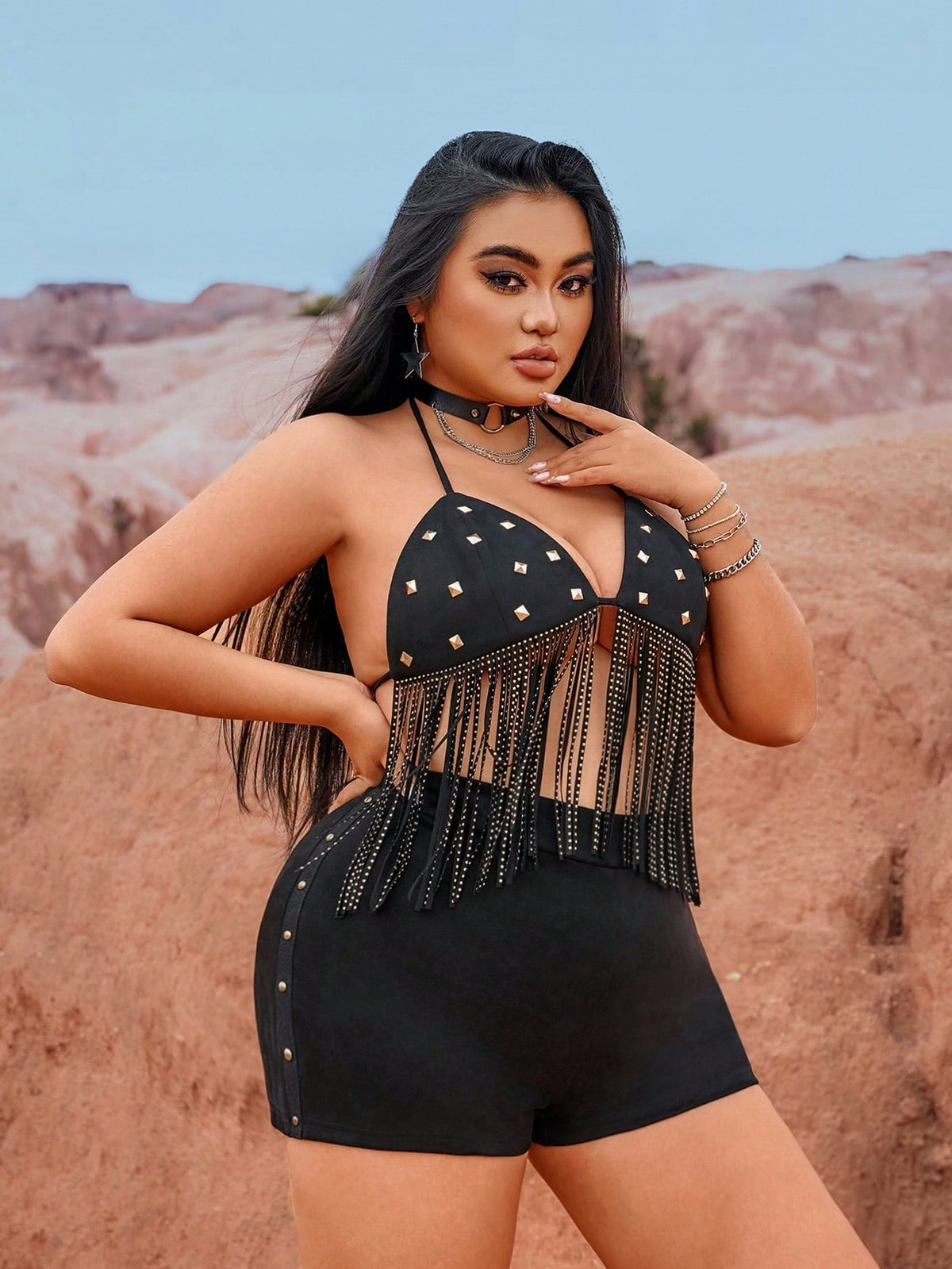 Plus Size Bikini Top With Rivet Tassel Ties And Stud Trim, High Waist Faux Suede Shorts With Studs Concert Outfits Music Festival Spring/Summer Vacation Easy To Match 2pcs Set