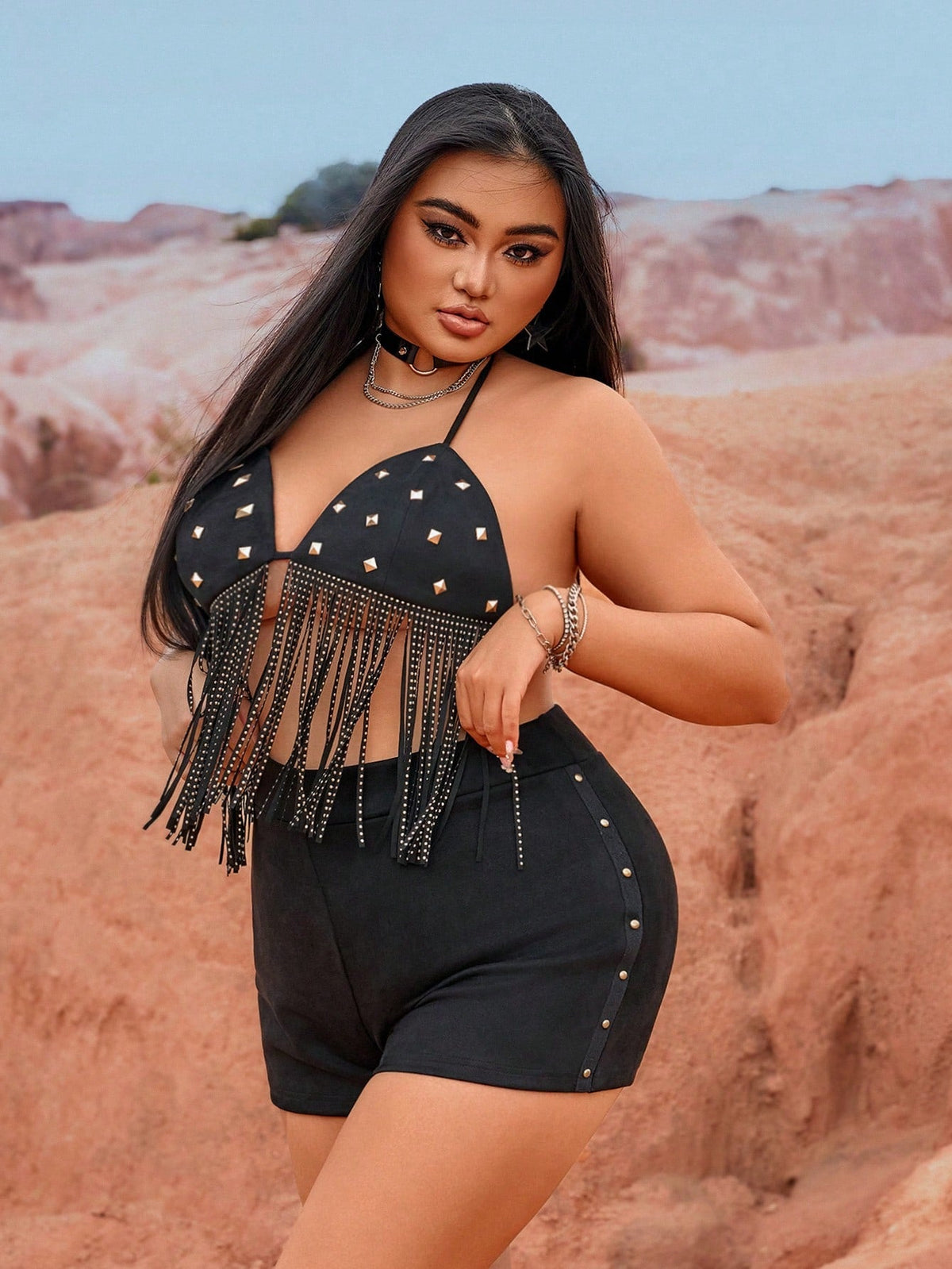 Plus Size Bikini Top With Rivet Tassel Ties And Stud Trim, High Waist Faux Suede Shorts With Studs Concert Outfits Music Festival Spring/Summer Vacation Easy To Match 2pcs Set