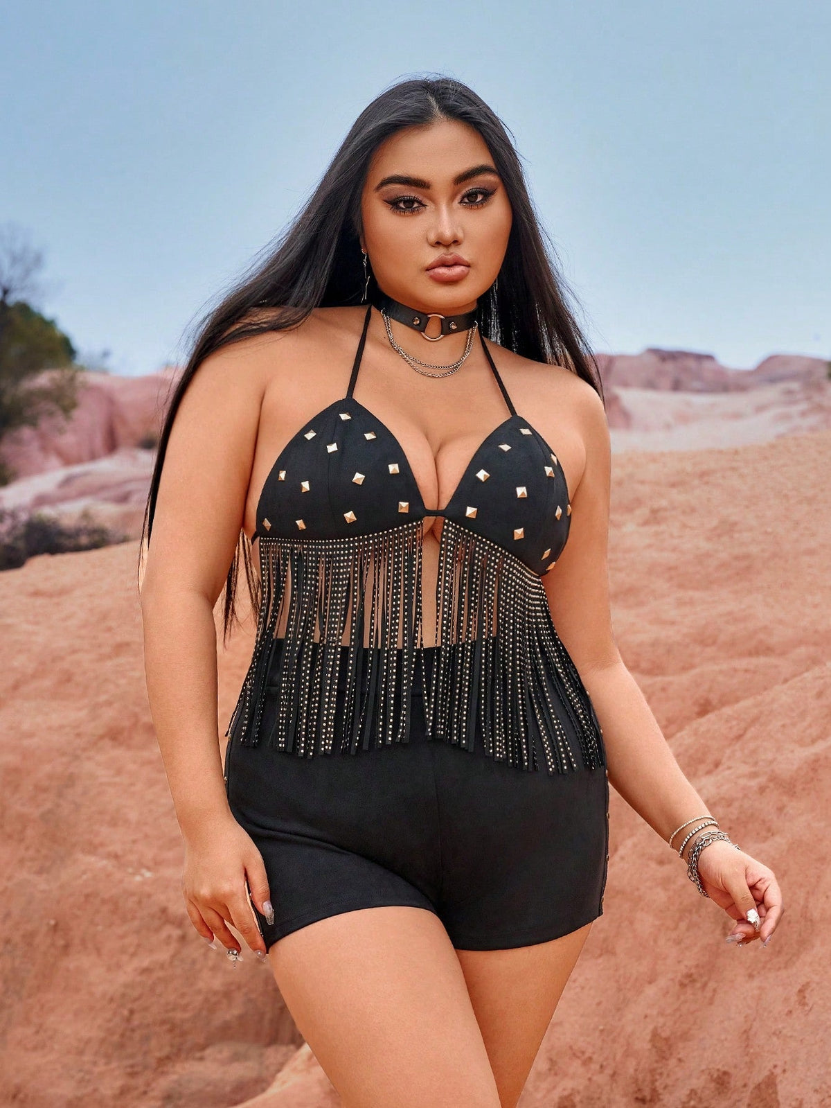 Plus Size Bikini Top With Rivet Tassel Ties And Stud Trim, High Waist Faux Suede Shorts With Studs Concert Outfits Music Festival Spring/Summer Vacation Easy To Match 2pcs Set