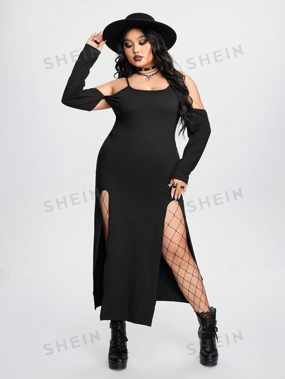 ROMWE Goth Plus Size Women's Sexy High Slit Spaghetti Strap Long Sleeve Dress With Sleeves