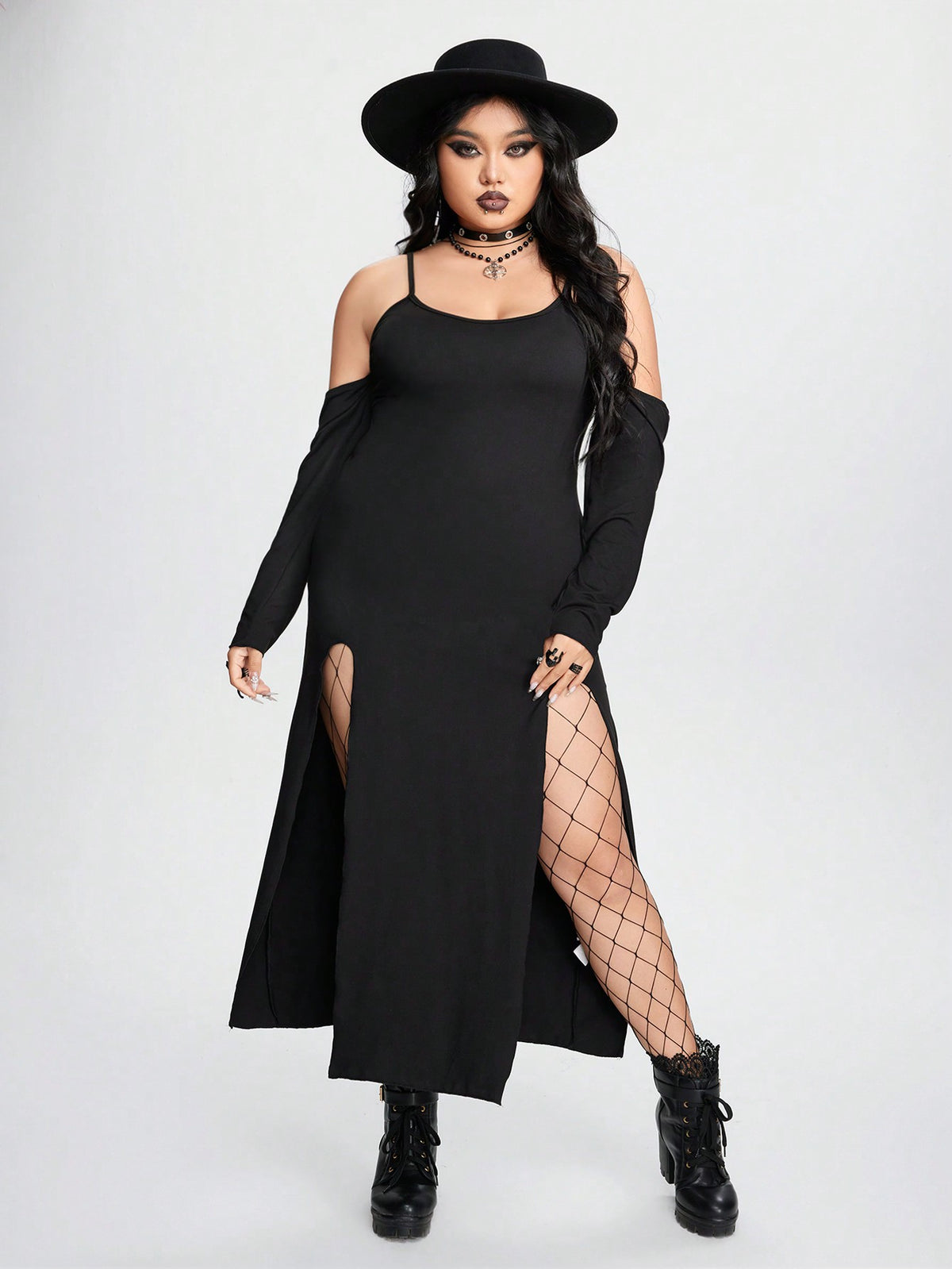 ROMWE Goth Plus Size Women's Sexy High Slit Spaghetti Strap Long Sleeve Dress With Sleeves