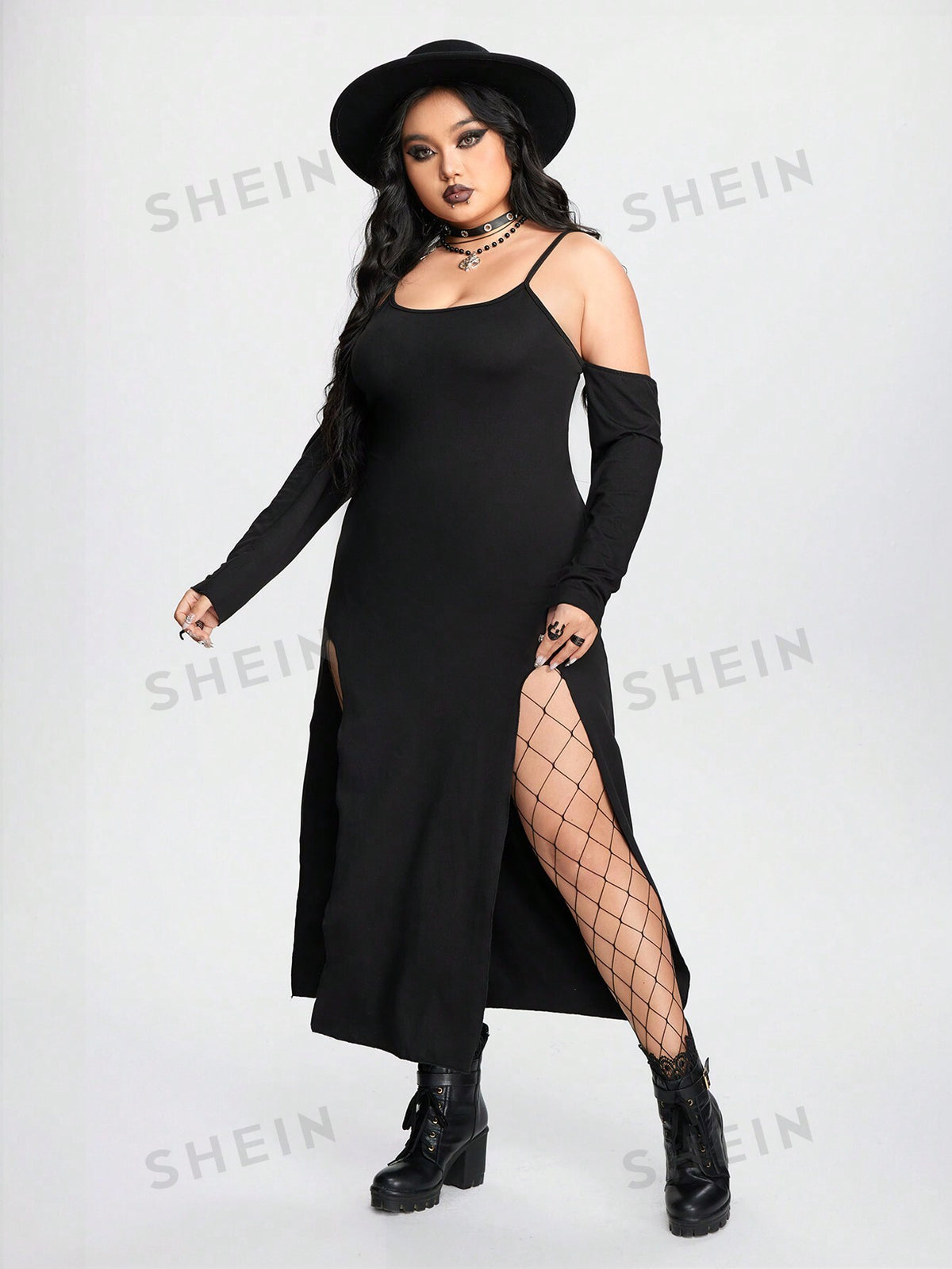 ROMWE Goth Plus Size Women's Sexy High Slit Spaghetti Strap Long Sleeve Dress With Sleeves