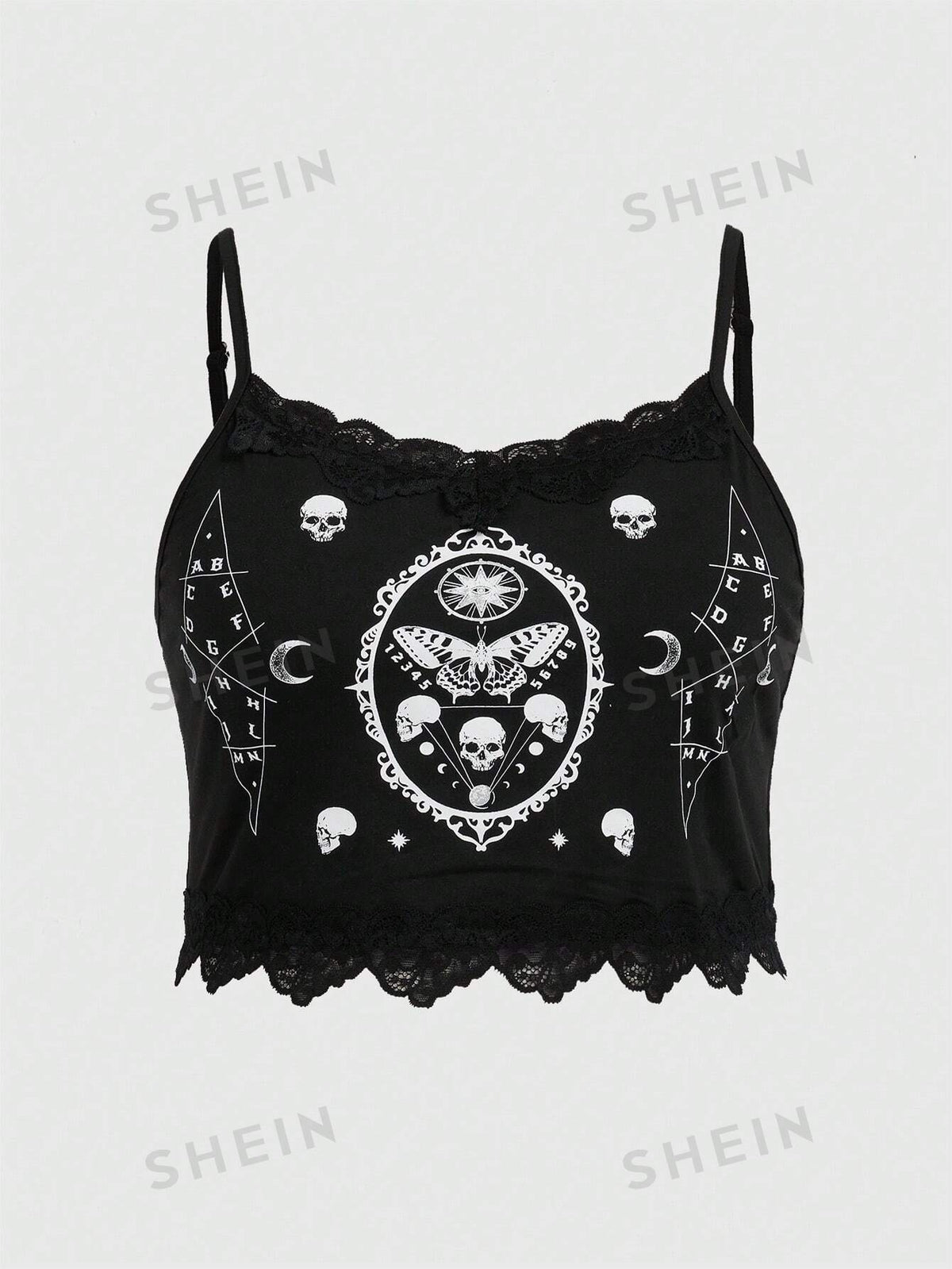ROMWE Goth Plus Skull Print Lace Trim Cami Top
