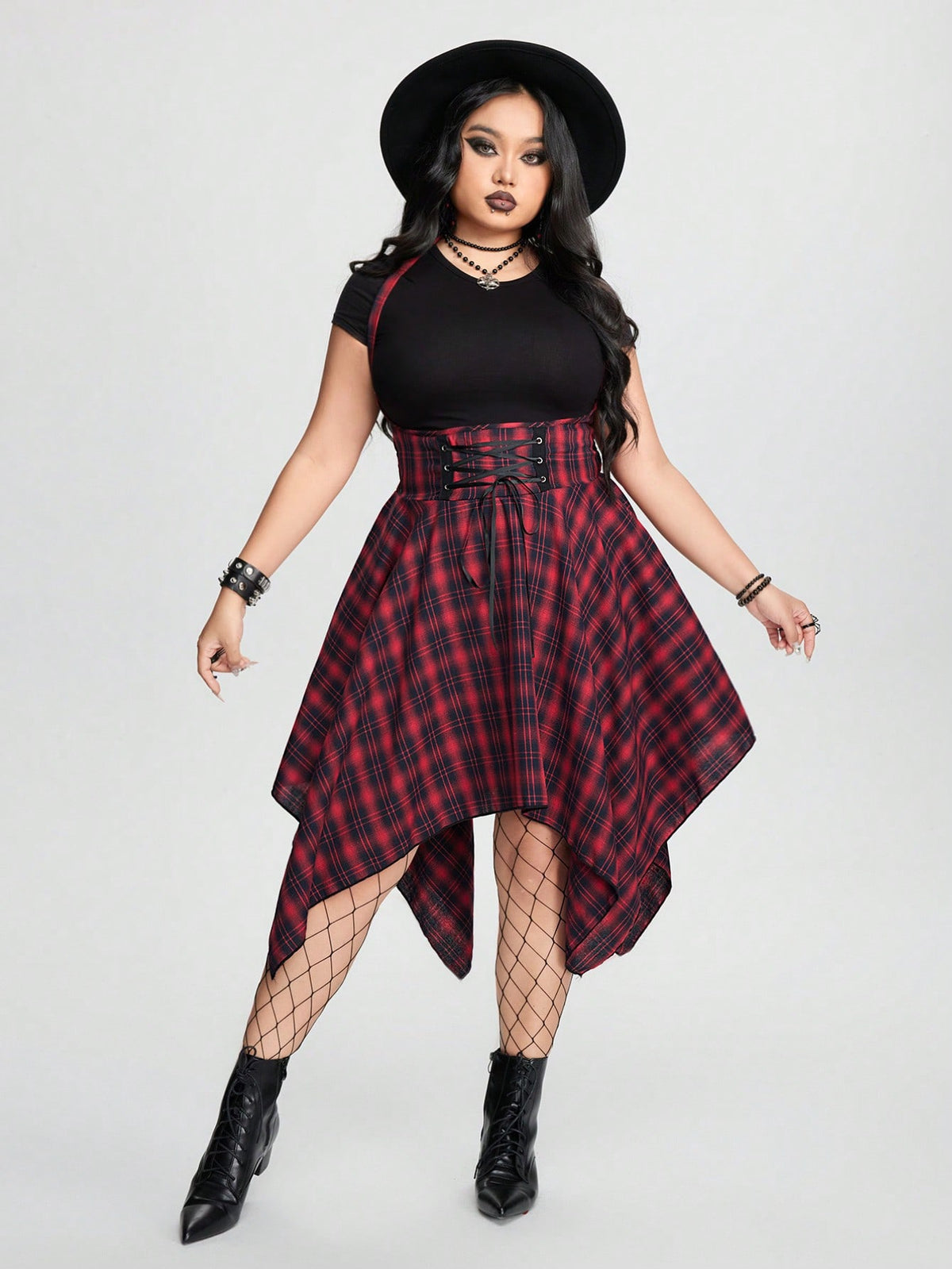 ROMWE Grunge Punk Plus Size Women's Plaid Crisscross Tie & Asymmetrical Hem Halter Neck Dress