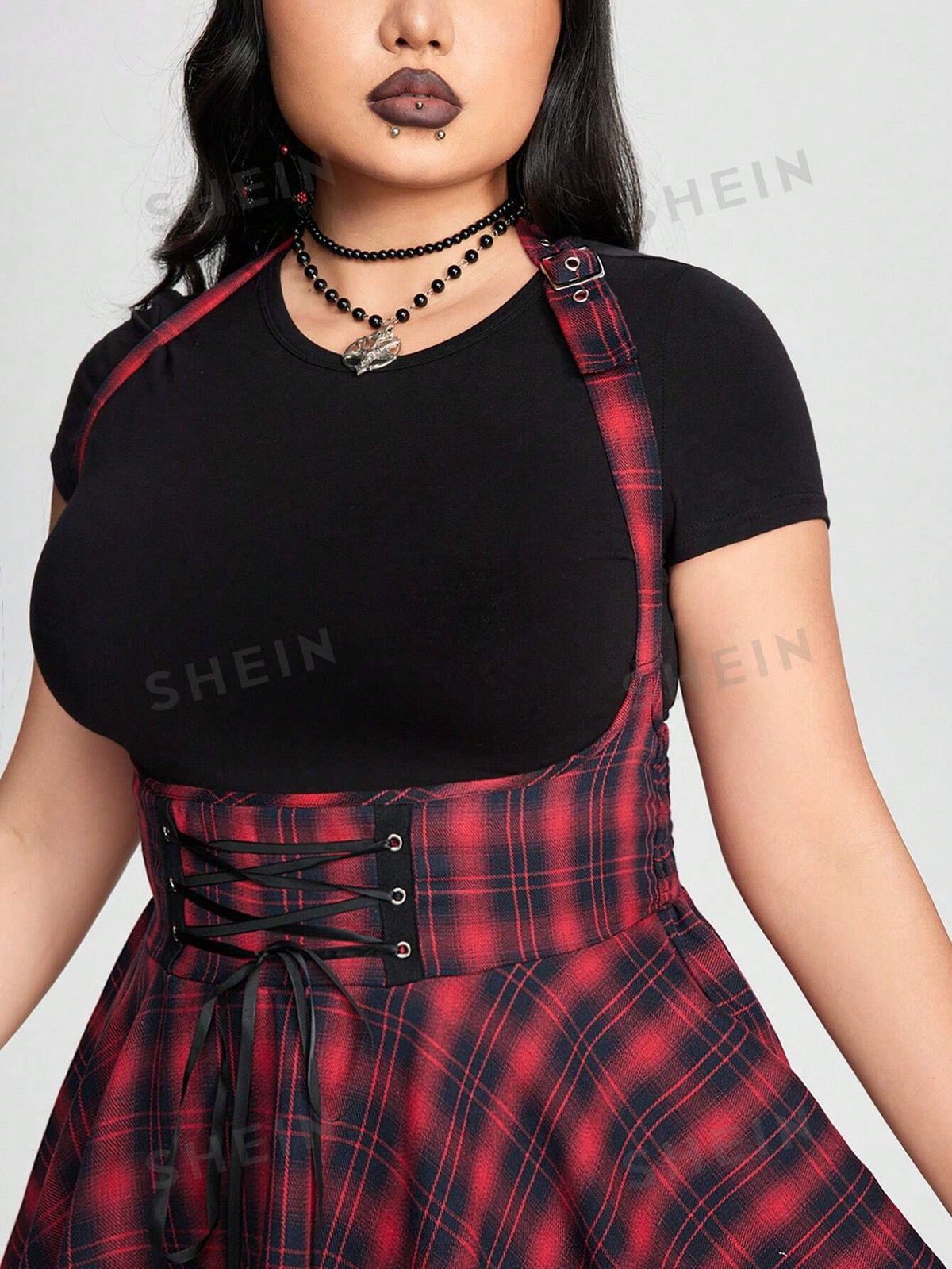 ROMWE Grunge Punk Plus Size Women's Plaid Crisscross Tie & Asymmetrical Hem Halter Neck Dress