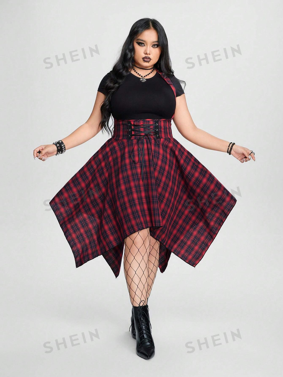 ROMWE Grunge Punk Plus Size Women's Plaid Crisscross Tie & Asymmetrical Hem Halter Neck Dress