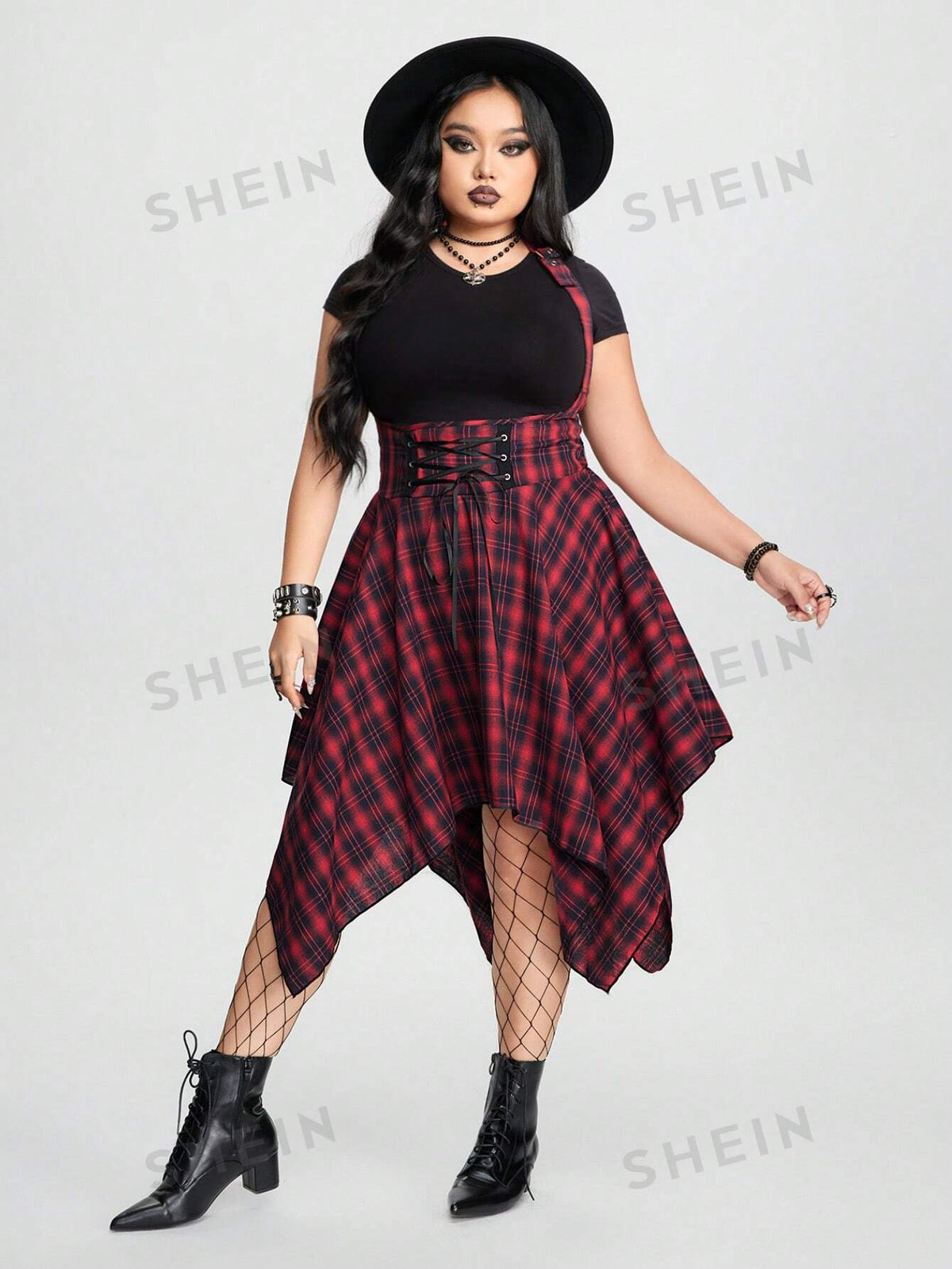 ROMWE Grunge Punk Plus Size Women's Plaid Crisscross Tie & Asymmetrical Hem Halter Neck Dress