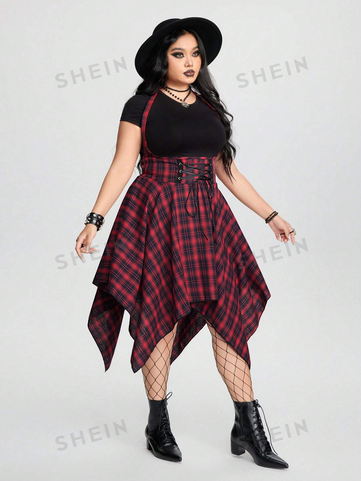 ROMWE Grunge Punk Plus Size Women's Plaid Crisscross Tie & Asymmetrical Hem Halter Neck Dress