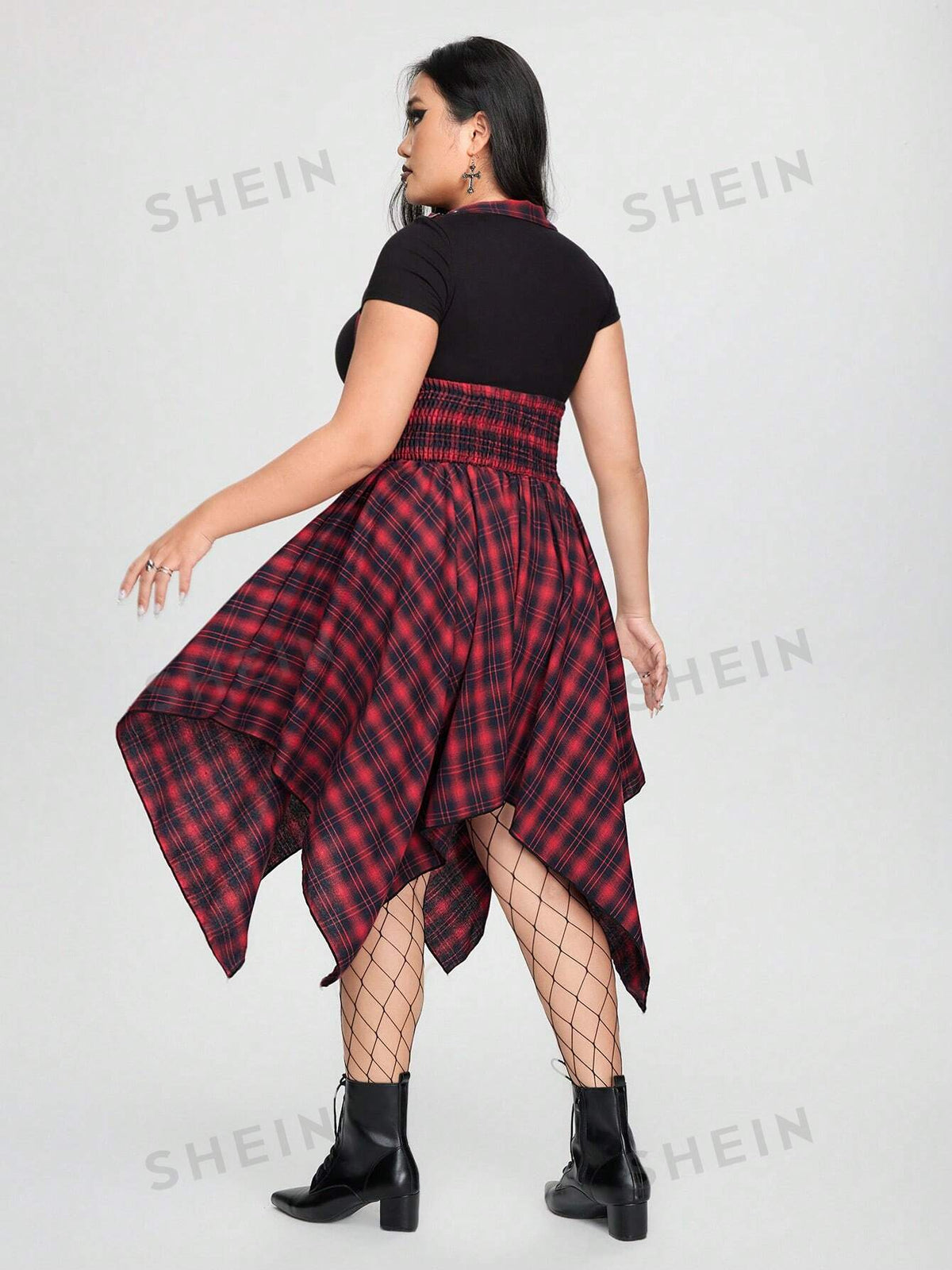 ROMWE Grunge Punk Plus Size Women's Plaid Crisscross Tie & Asymmetrical Hem Halter Neck Dress