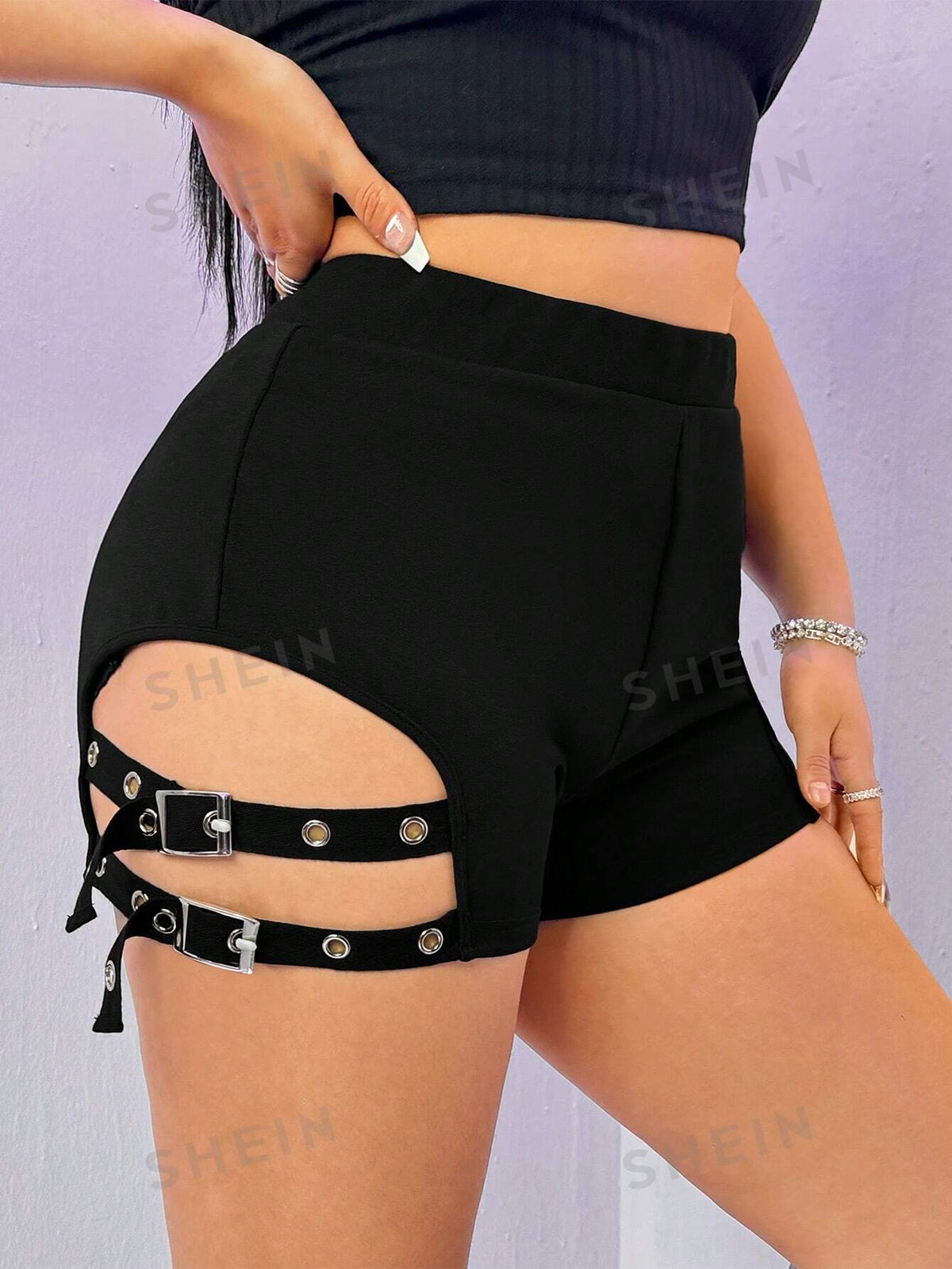 ICON Plus Size High Waisted Hollow Out Detail Bodycon Shorts With Buckle Strap