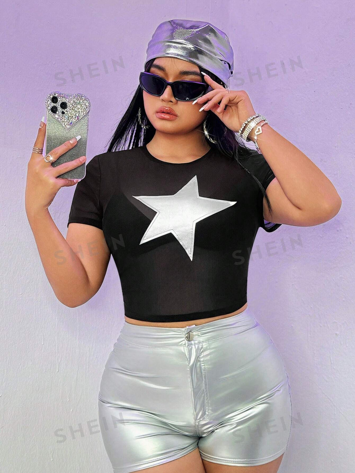 ICON Plus Size Mesh Splice Pu Leather Star Studded Short Sleeve Top