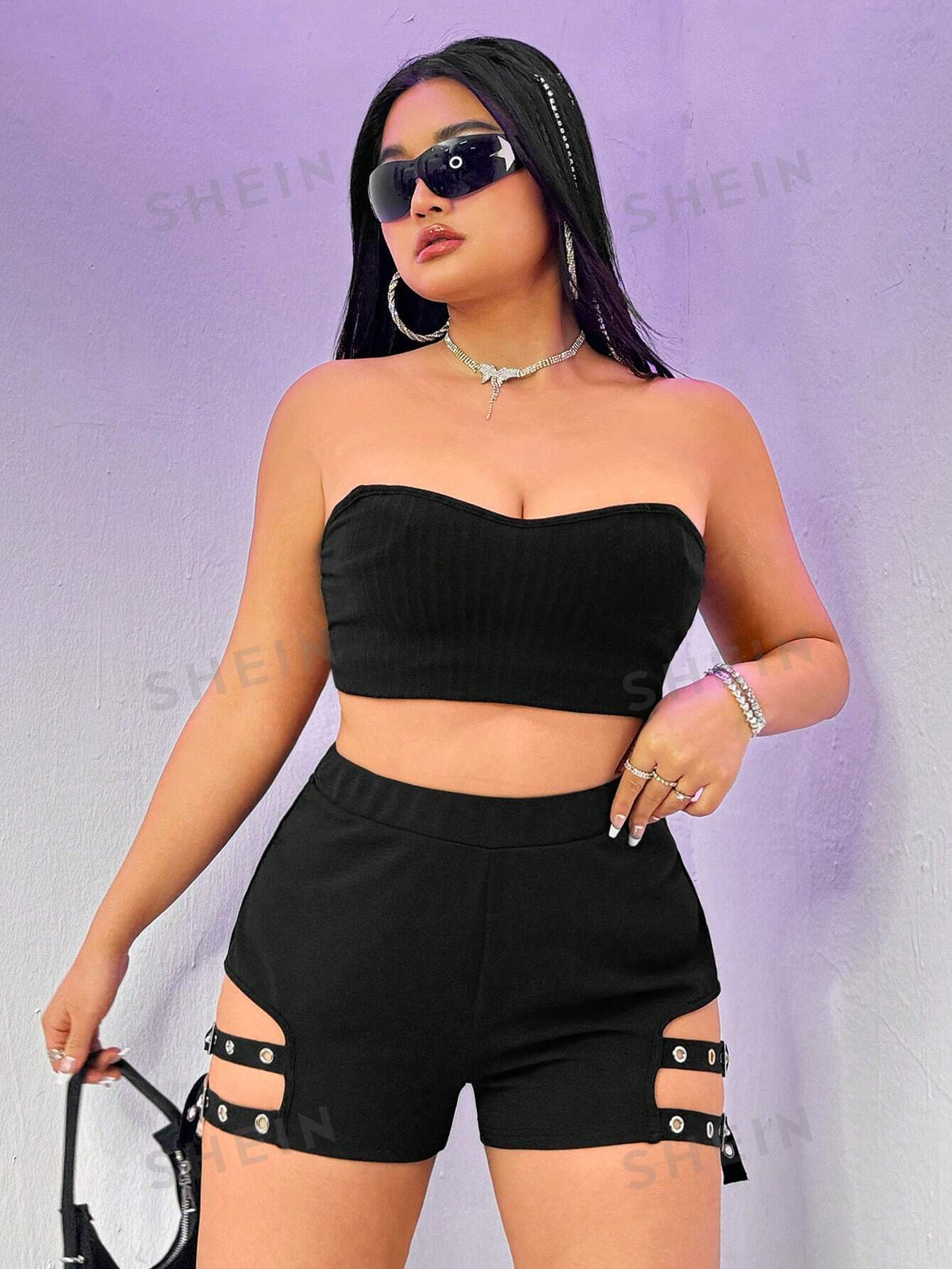 ICON Plus Size High Waisted Hollow Out Detail Bodycon Shorts With Buckle Strap