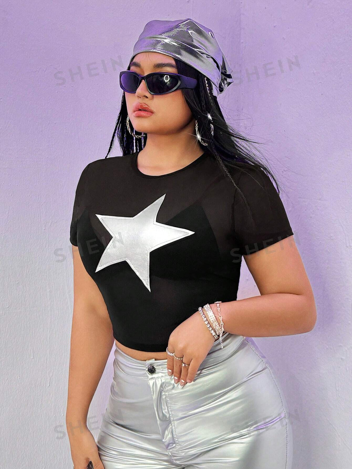 ICON Plus Size Mesh Splice Pu Leather Star Studded Short Sleeve Top