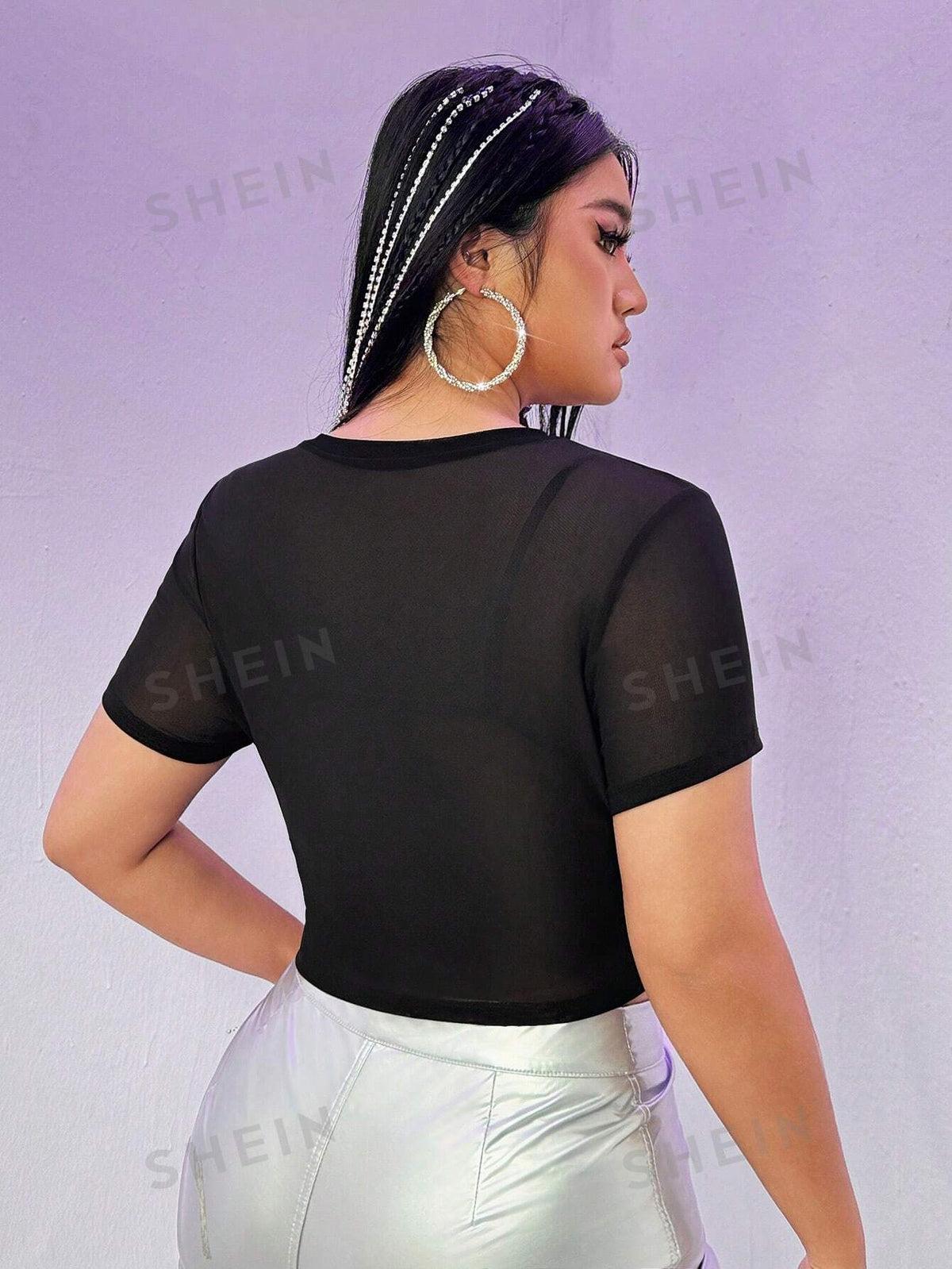 ICON Plus Size Mesh Splice Pu Leather Star Studded Short Sleeve Top