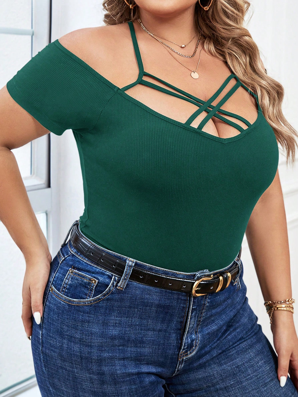 Privé Plus Crisscross Front Cold Shoulder Tee