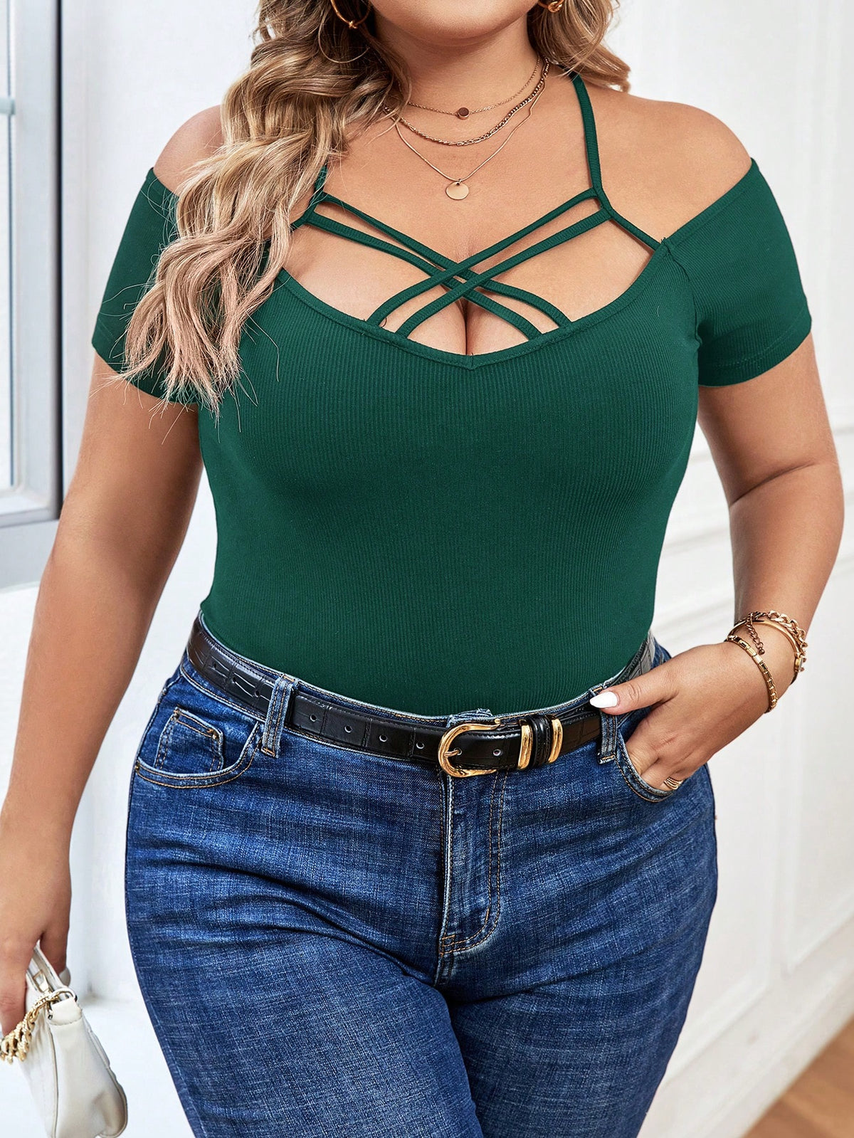 Privé Plus Crisscross Front Cold Shoulder Tee