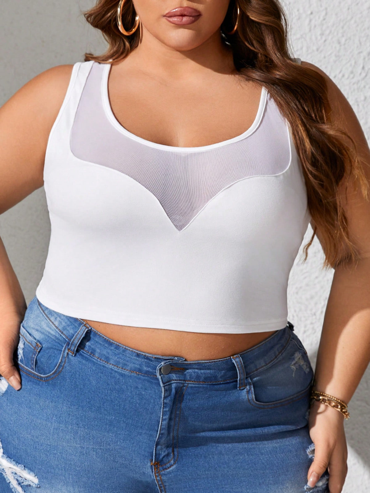 CURVE  Plus Size Mesh Spliced Slim Fit Cropped Tank Top
