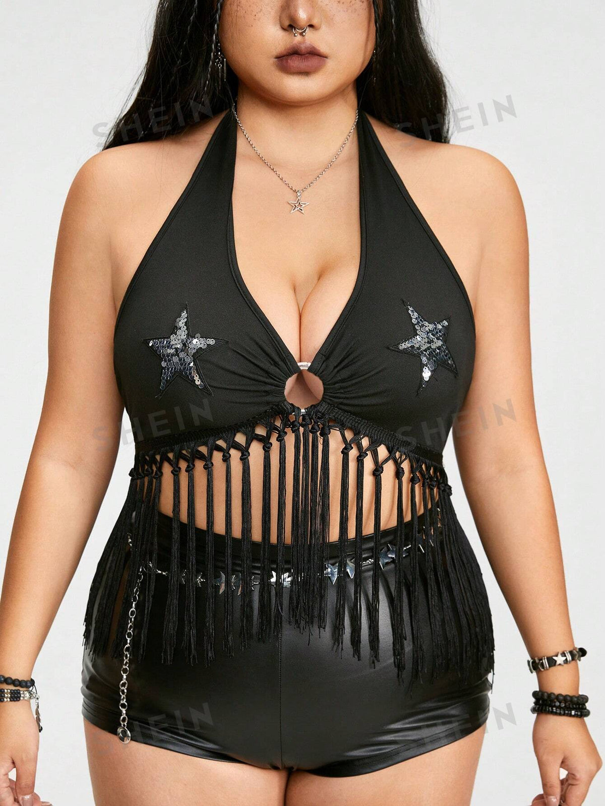 ROMWE Grunge Punk Dark Western Country Music Festival Star Beaded And Tassel Hem Fitted Plus Size Tank Top