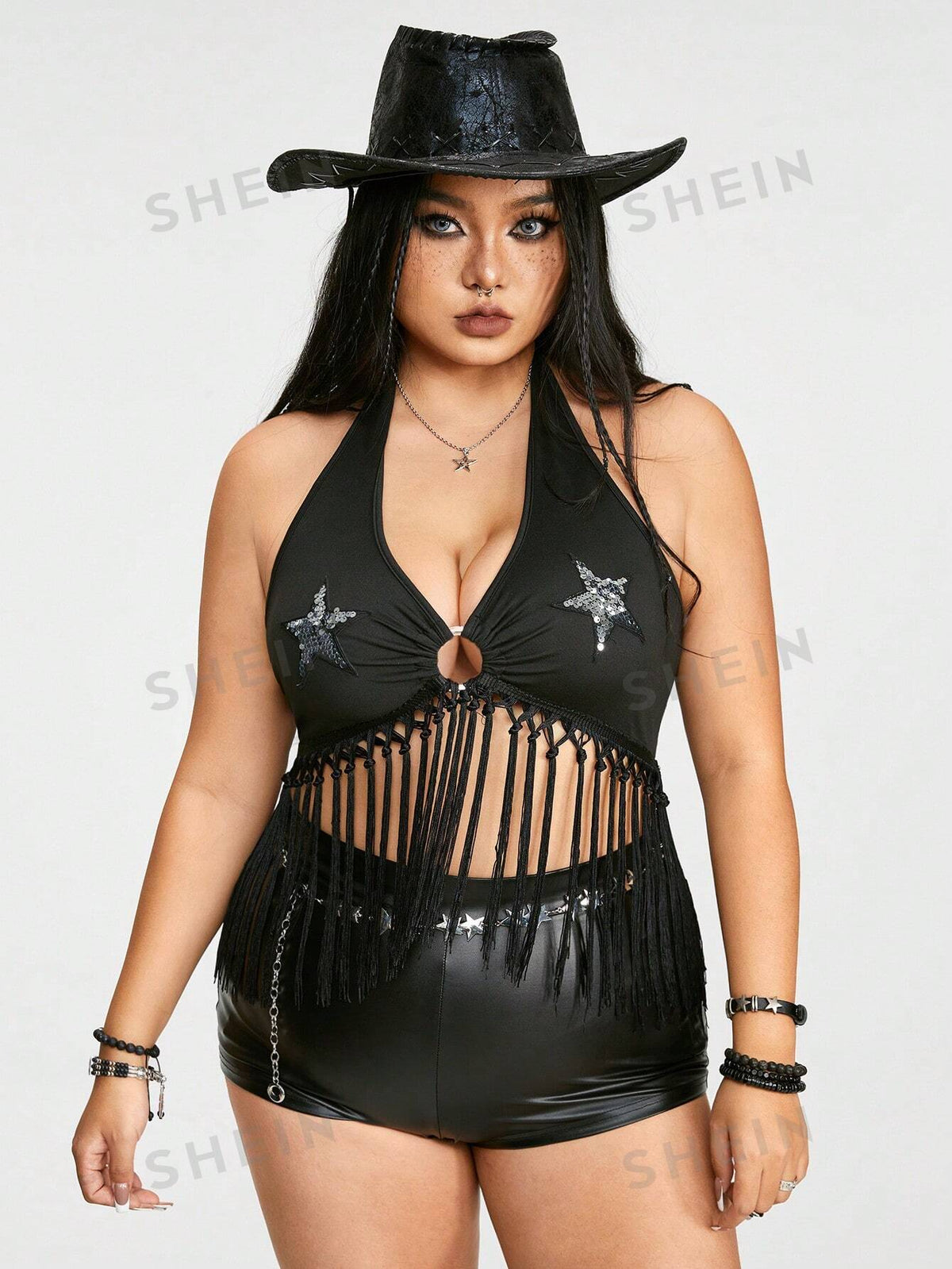 ROMWE Grunge Punk Dark Western Country Music Festival Star Beaded And Tassel Hem Fitted Plus Size Tank Top