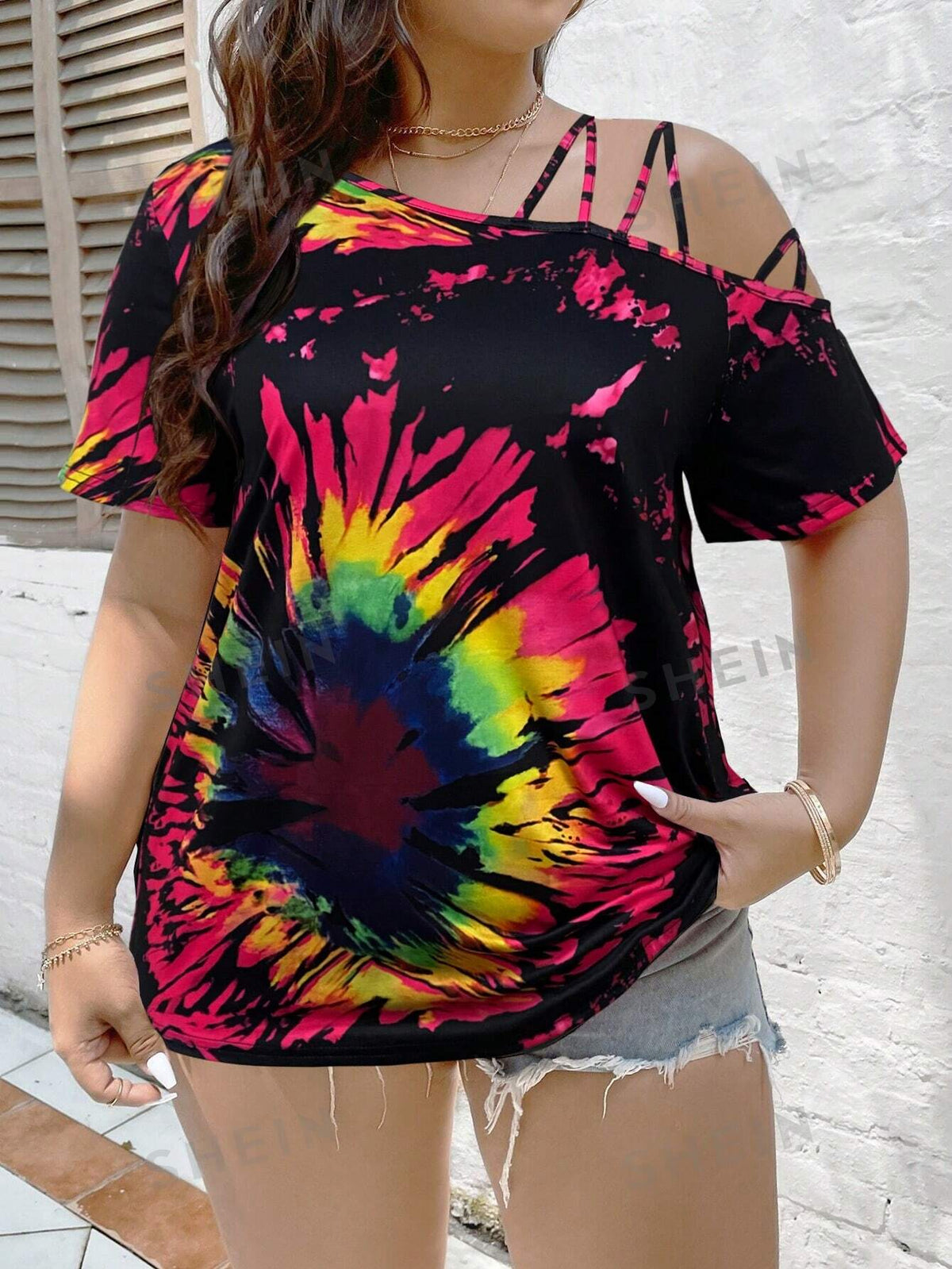 LUNE Plus Size Tie Dye Asymmetric Neckline T-Shirt For Summer