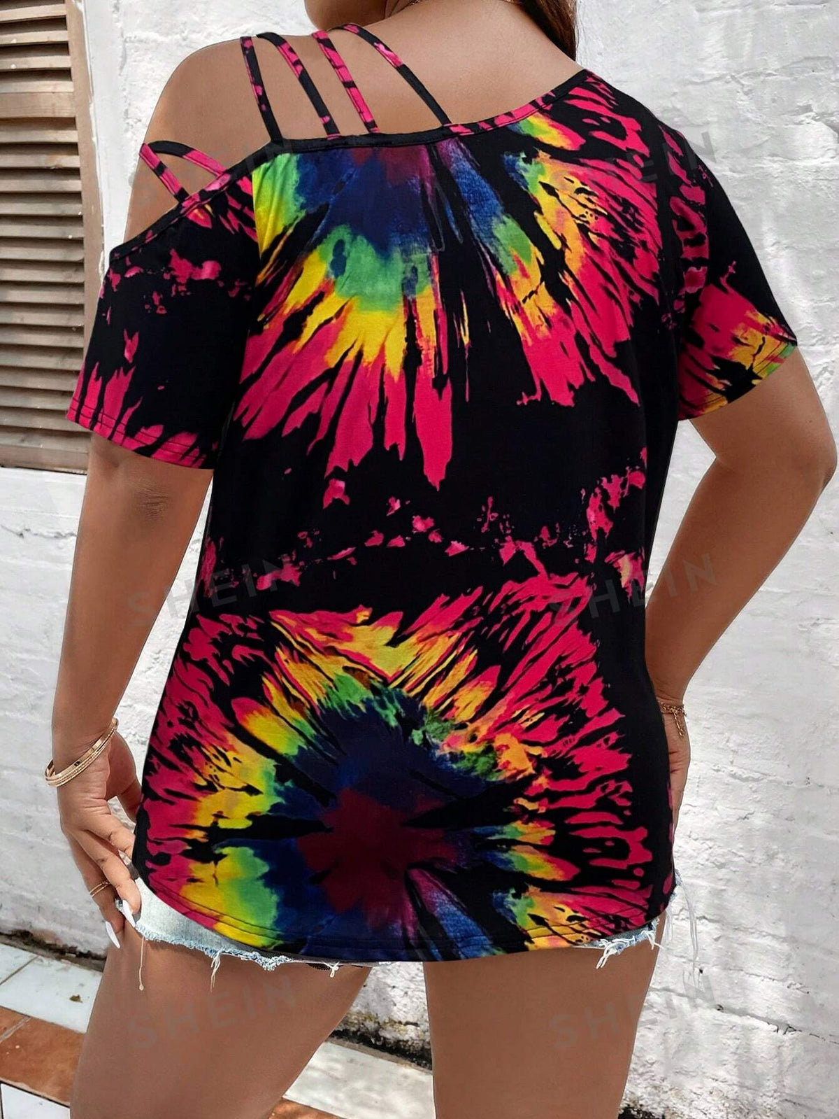 LUNE Plus Size Tie Dye Asymmetric Neckline T-Shirt For Summer