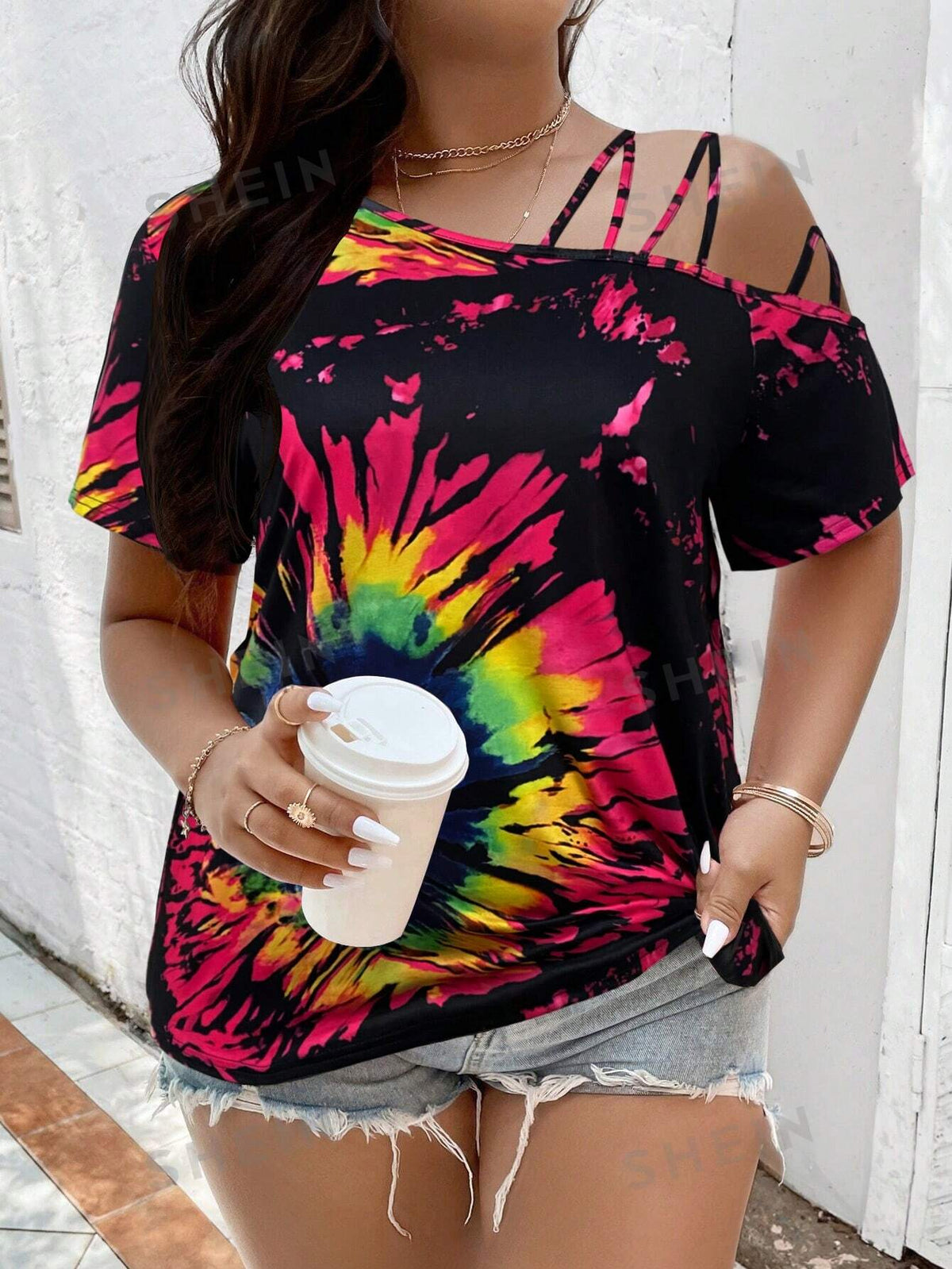 LUNE Plus Size Tie Dye Asymmetric Neckline T-Shirt For Summer