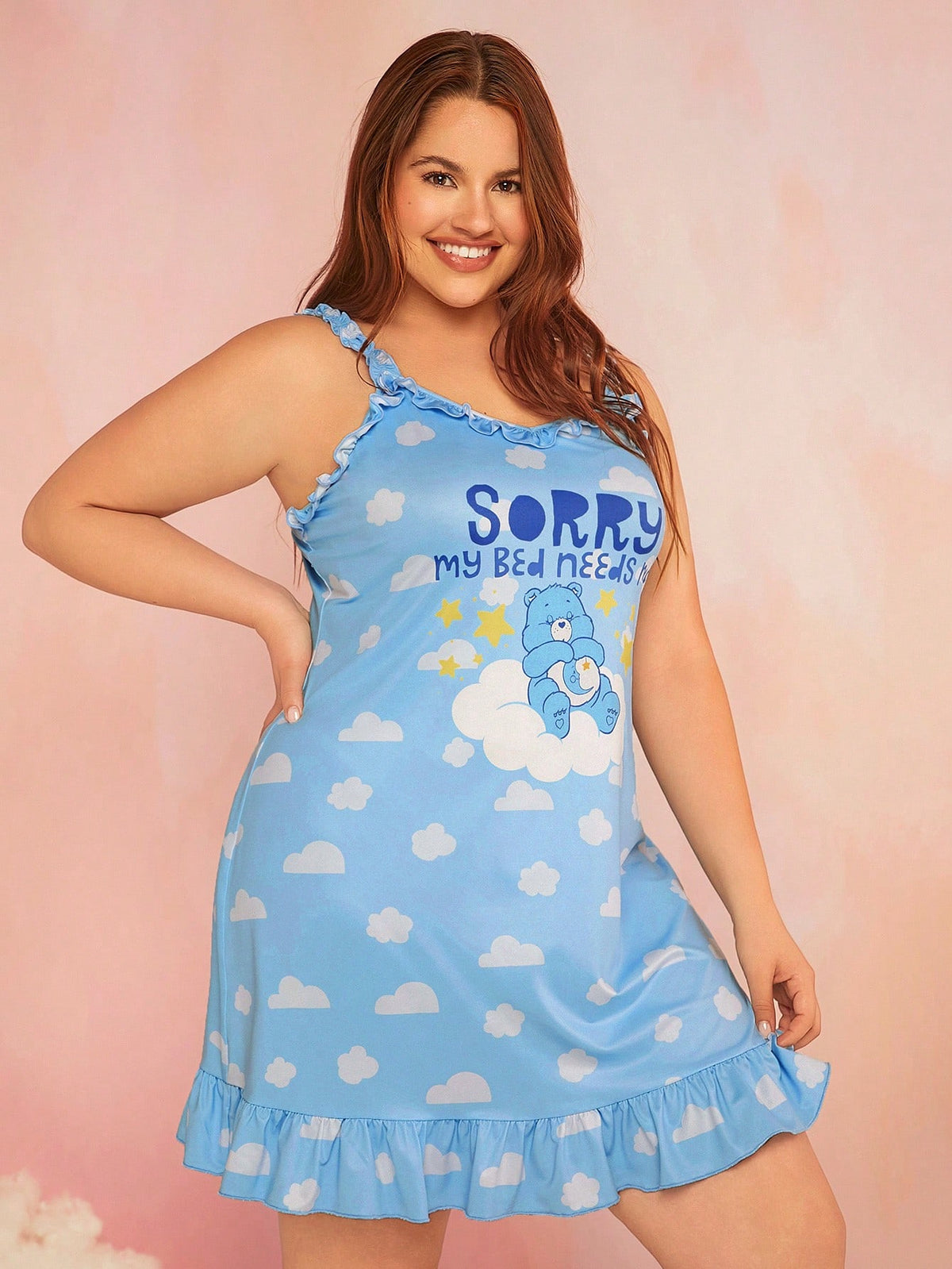 X Care Bears Plus Size Sweet Home Wear Blue Cloud Printed Ruffled Hem Cami Nightgown For Summer