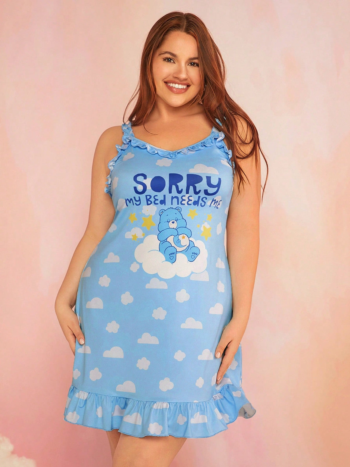 X Care Bears Plus Size Sweet Home Wear Blue Cloud Printed Ruffled Hem Cami Nightgown For Summer